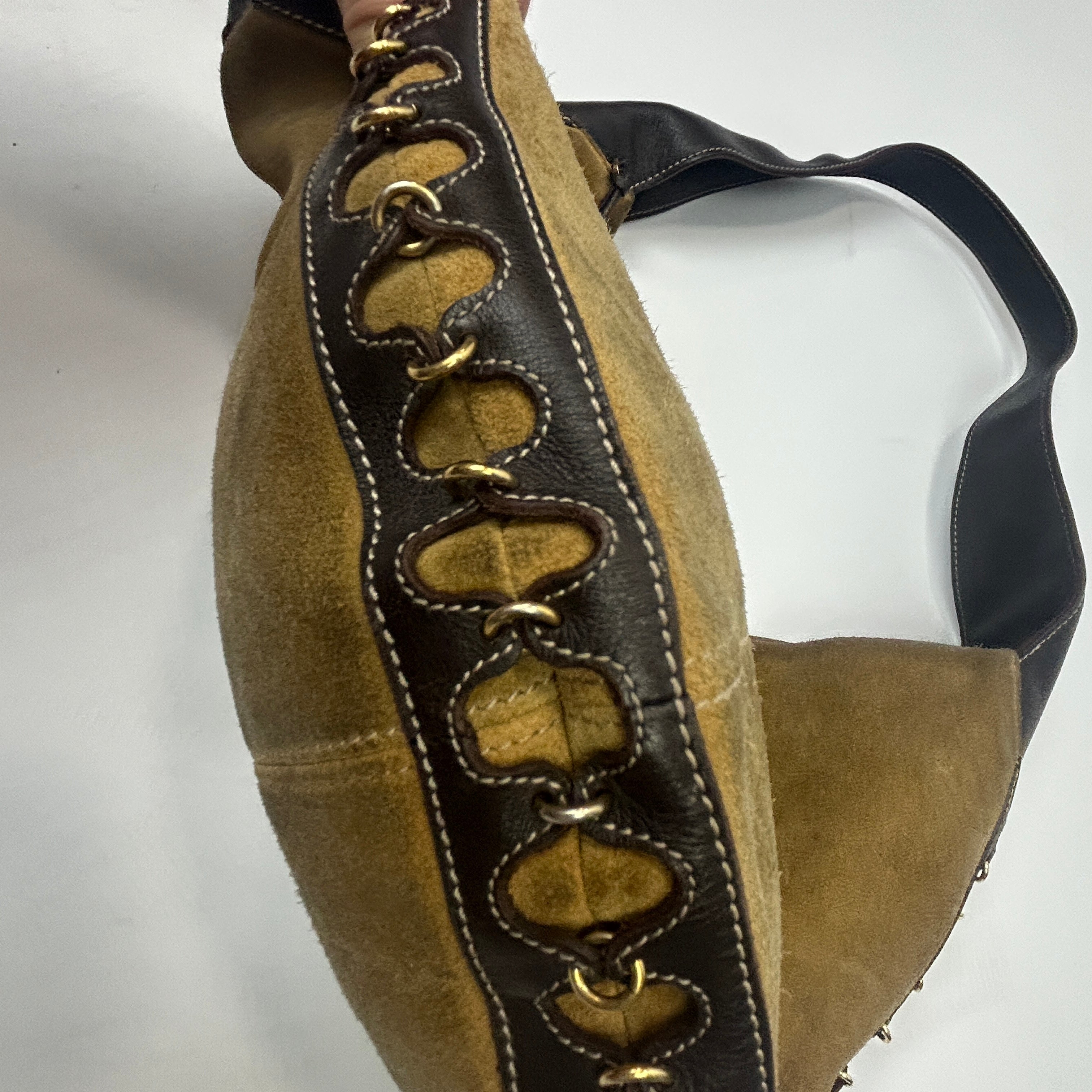 Loewe Camel Suede & Chocolate Leather Hobo Anagram Shoulderbag