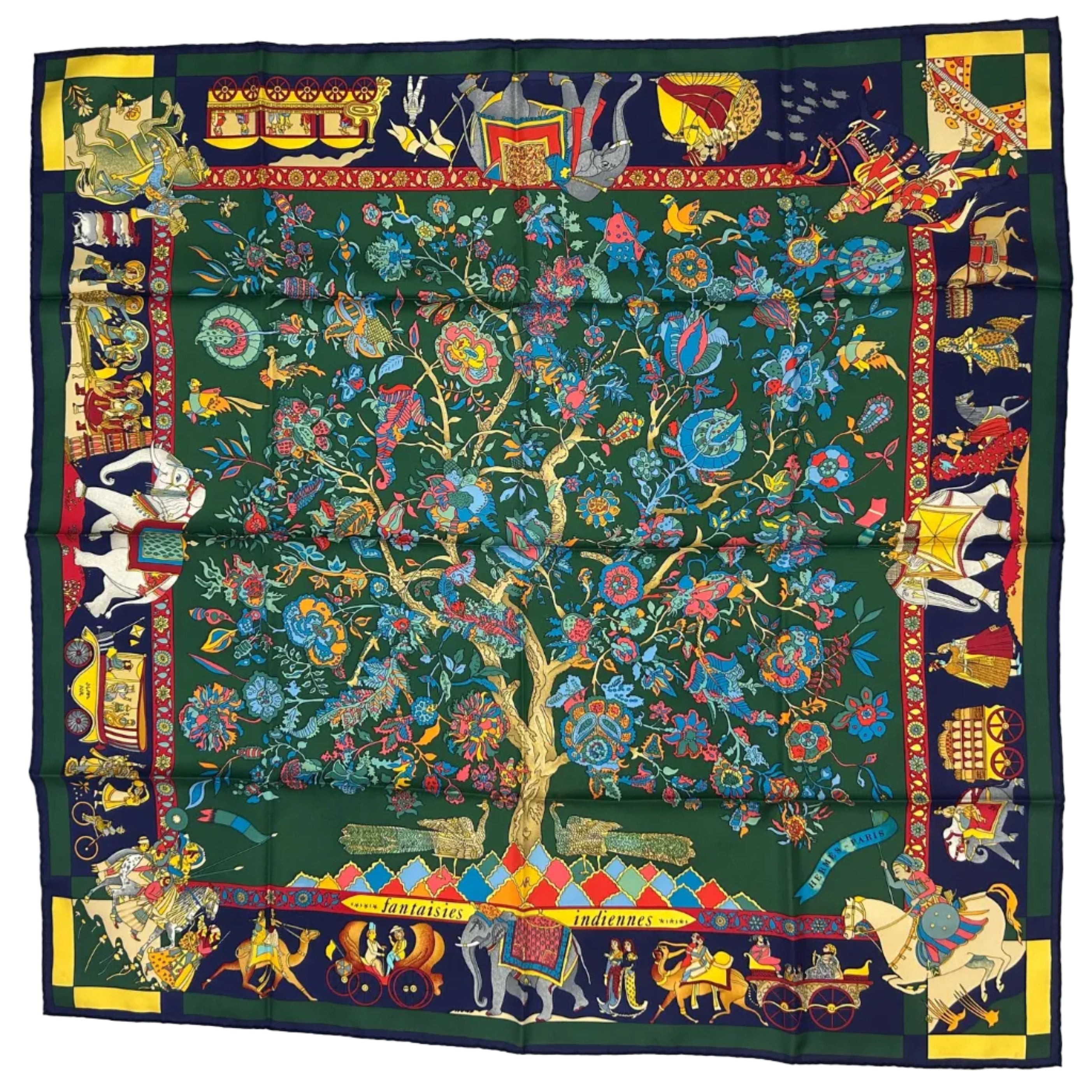 Hermes Navy & Ivy Fantaisies Indiennes Silk Twill 90 Scarf