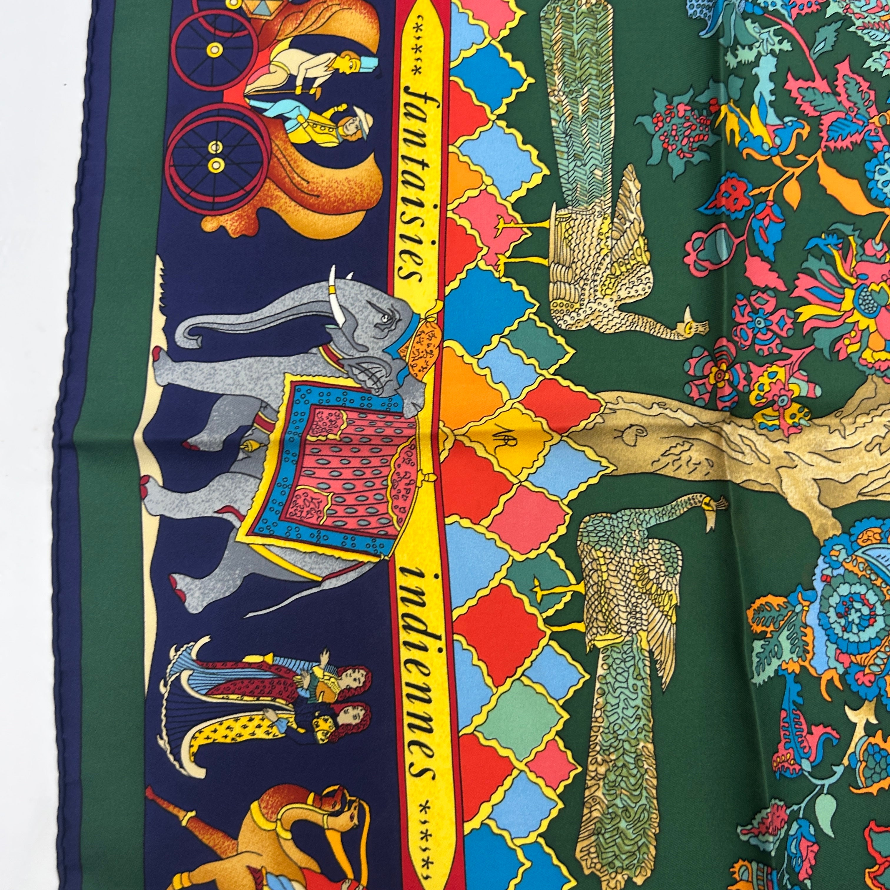 Hermes Navy & Ivy Fantaisies Indiennes Silk Twill 90 Scarf