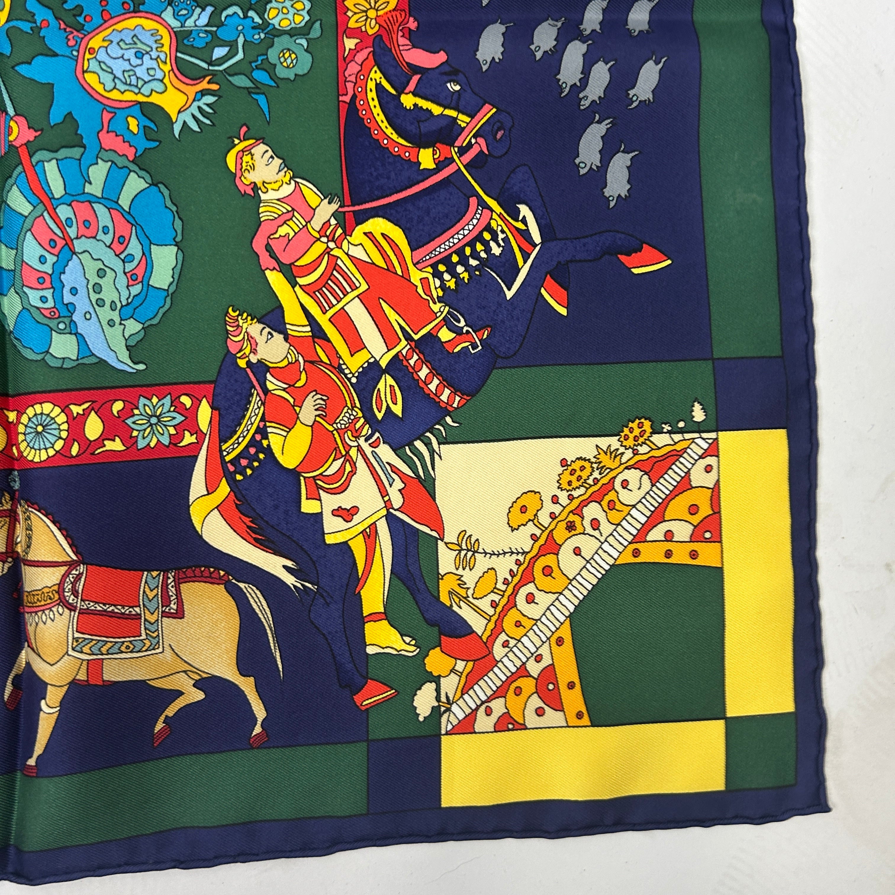 Hermes Navy & Ivy Fantaisies Indiennes Silk Twill 90 Scarf