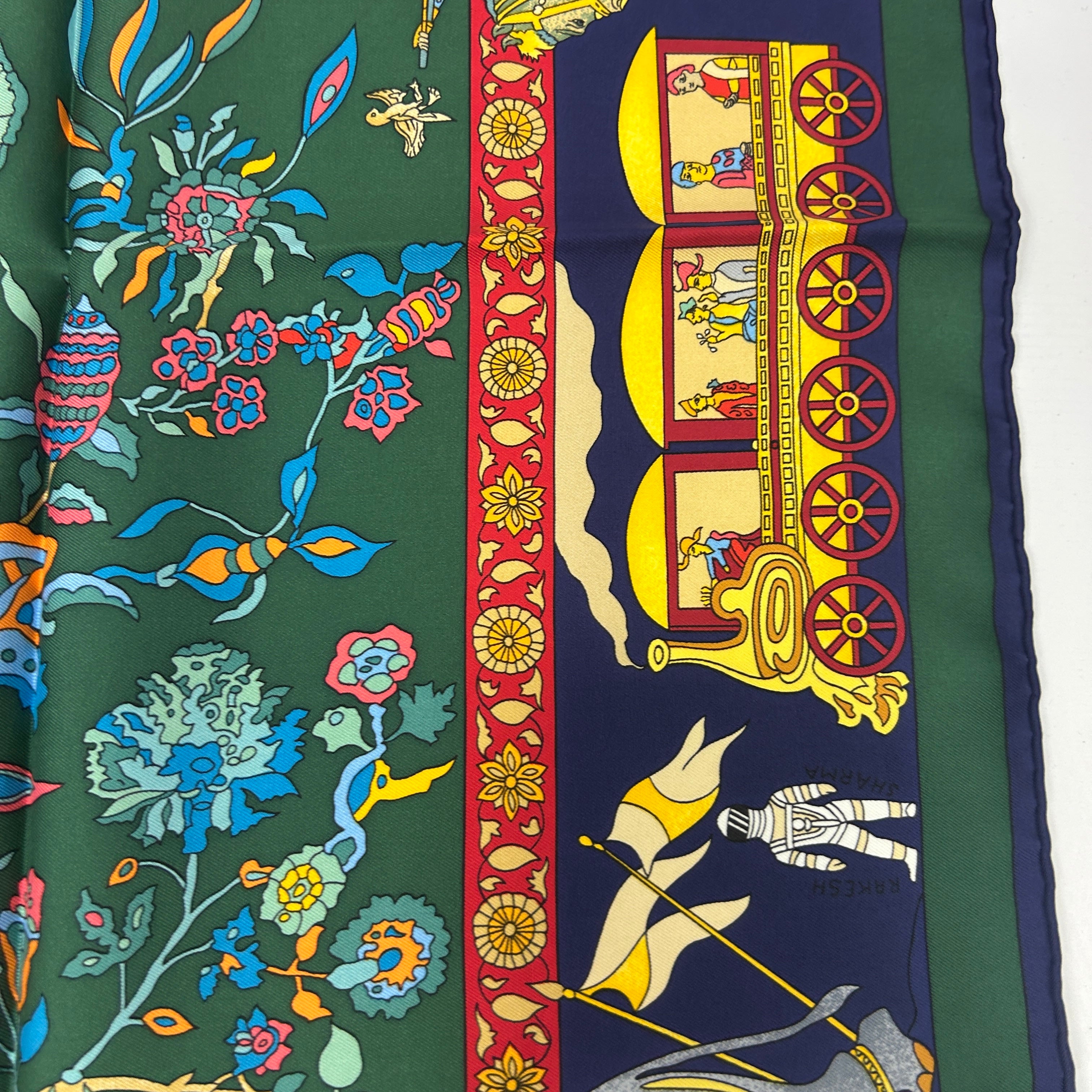 Hermes Navy & Ivy Fantaisies Indiennes Silk Twill 90 Scarf