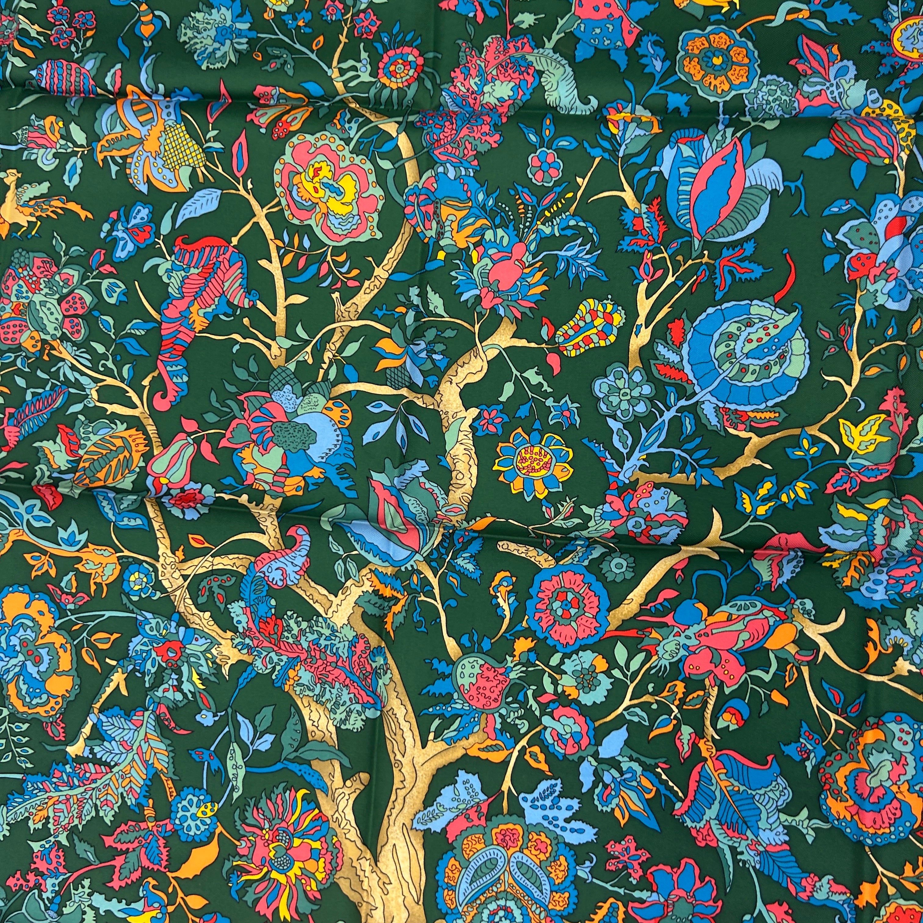 Hermes Navy & Ivy Fantaisies Indiennes Silk Twill 90 Scarf