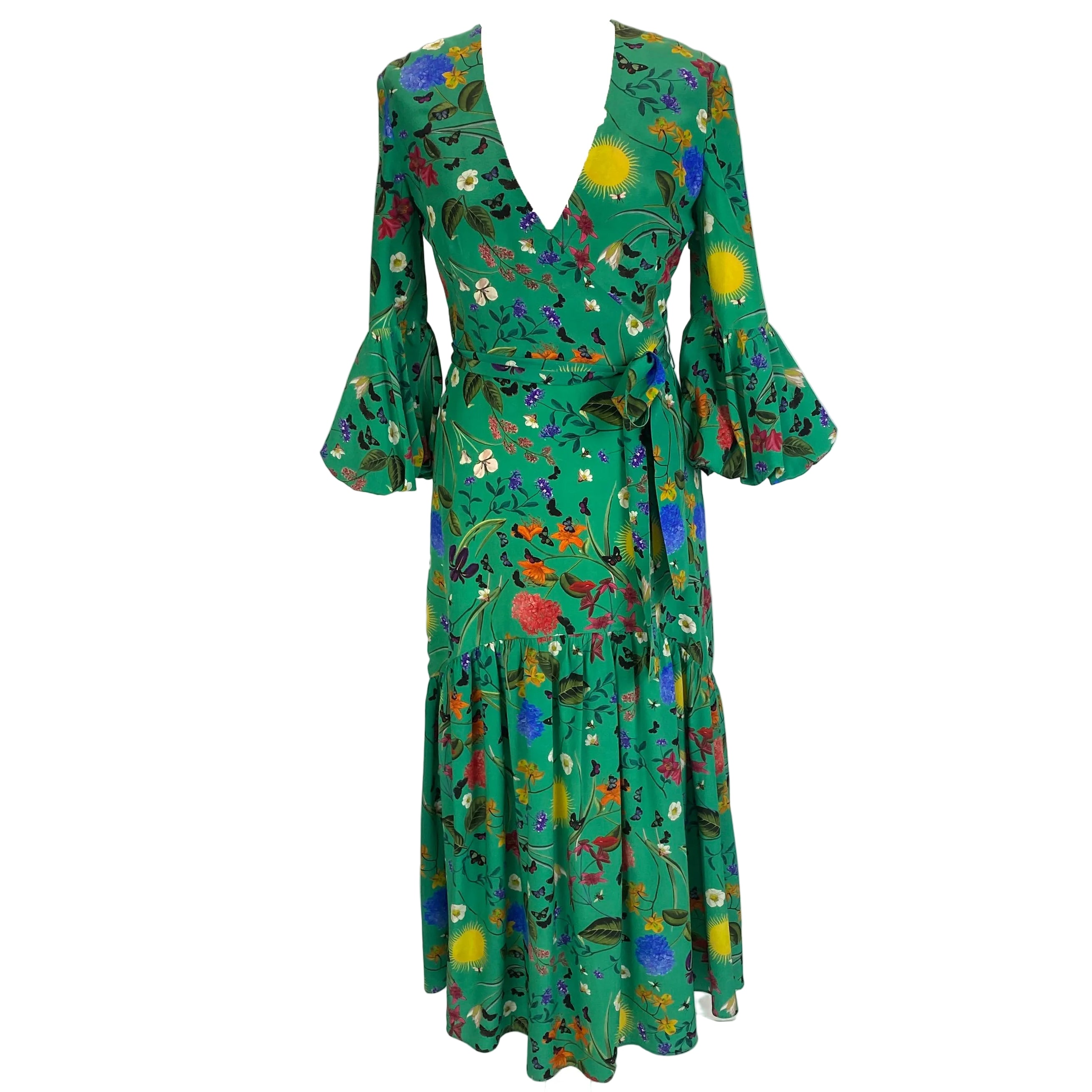 Borgo De Nor Emerald Floral Silk Maxi Dress XS