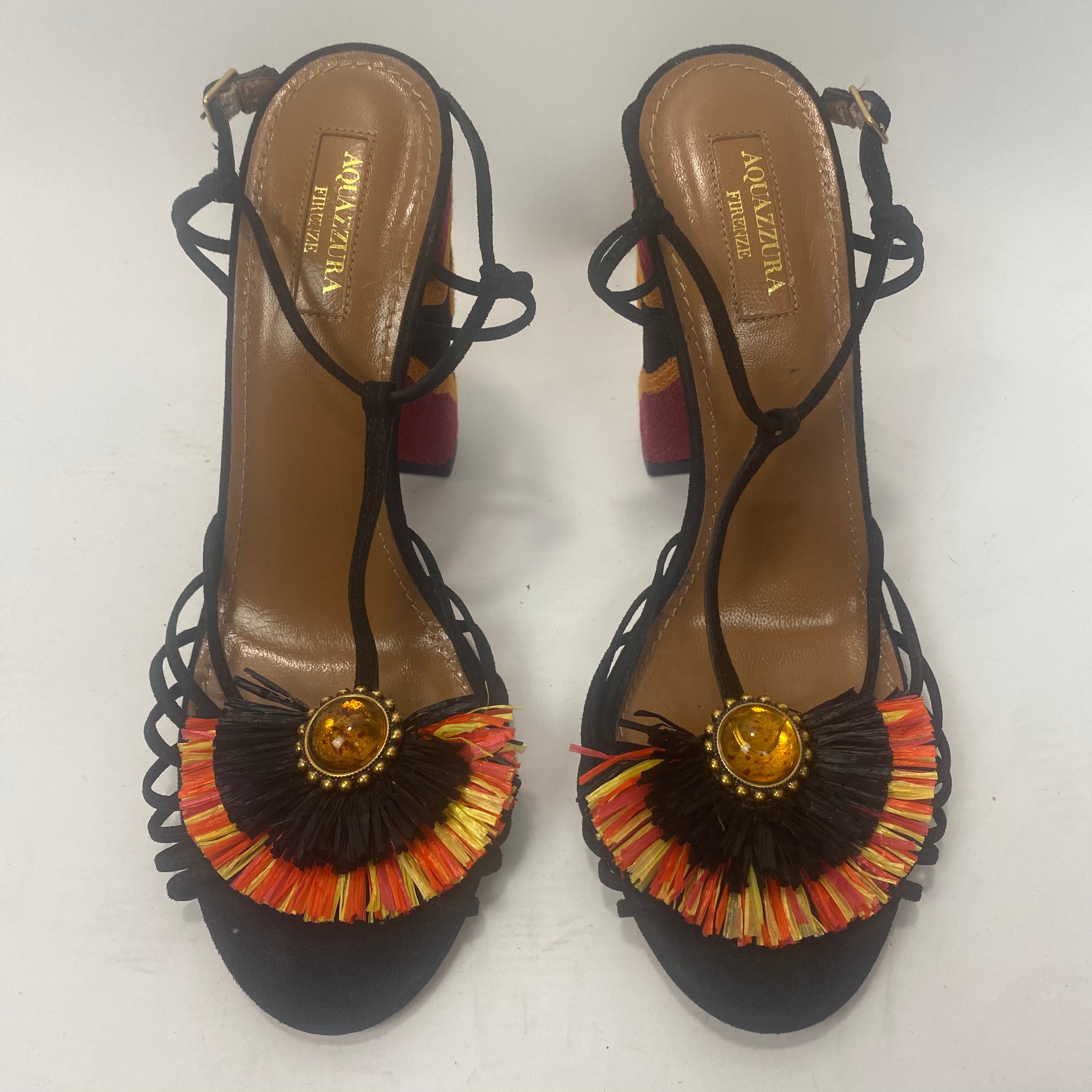 Aquazzura New Black Raffia & Suede Strappy Sandals 38
