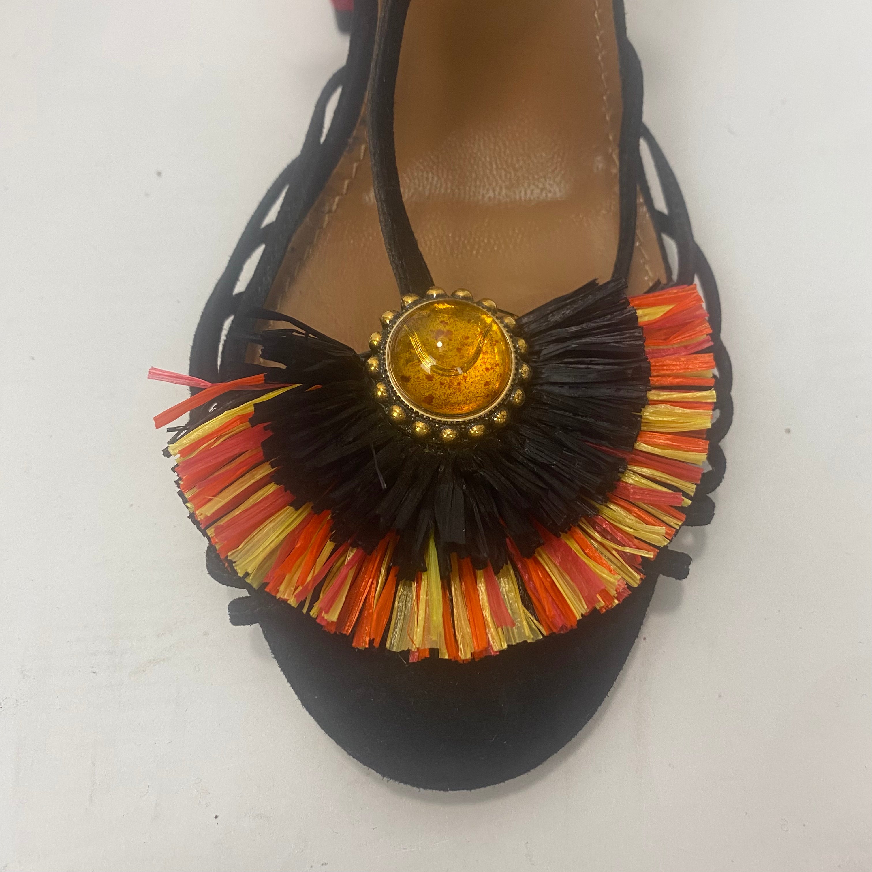 Aquazzura New Black Raffia & Suede Strappy Sandals 38