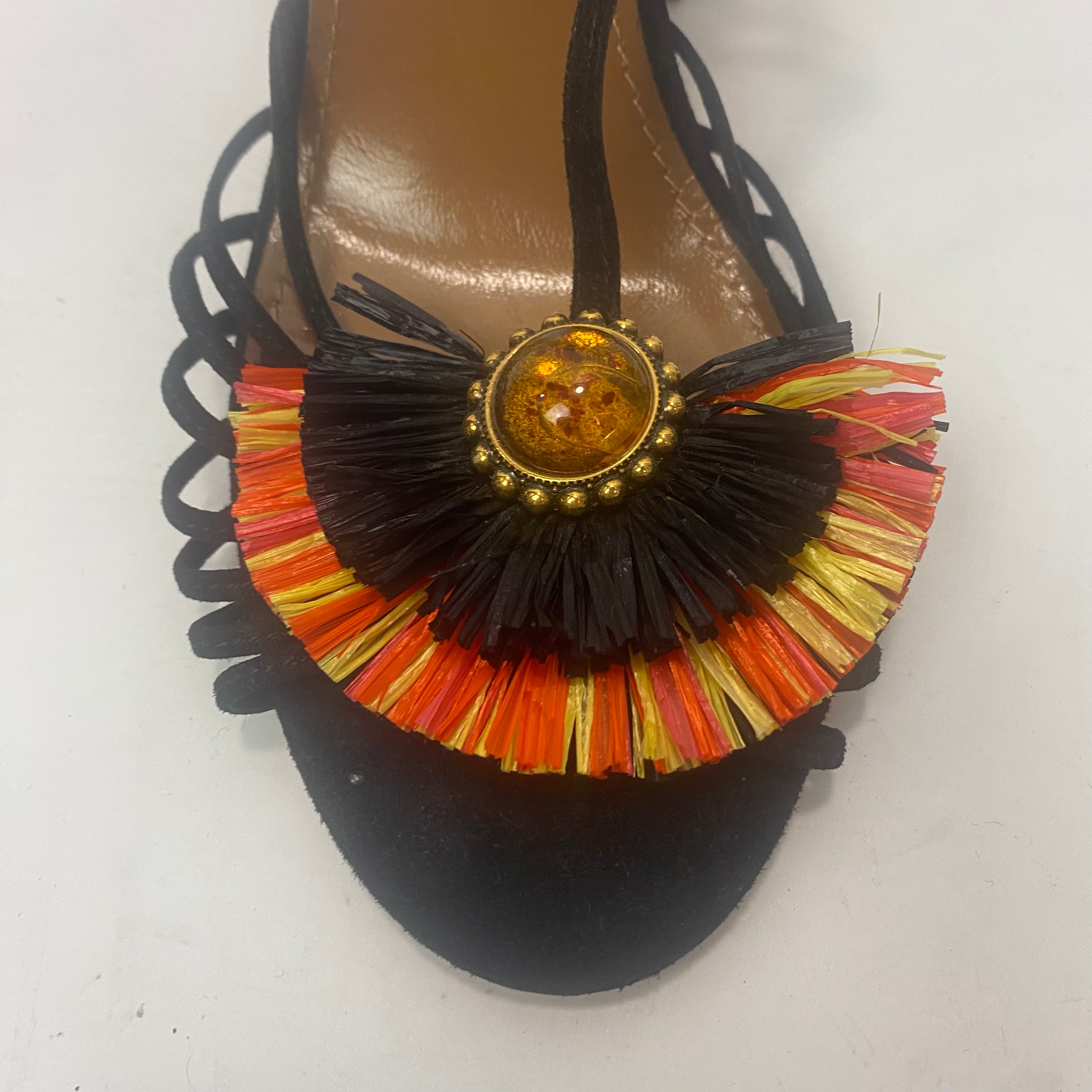 Aquazzura New Black Raffia & Suede Strappy Sandals 38