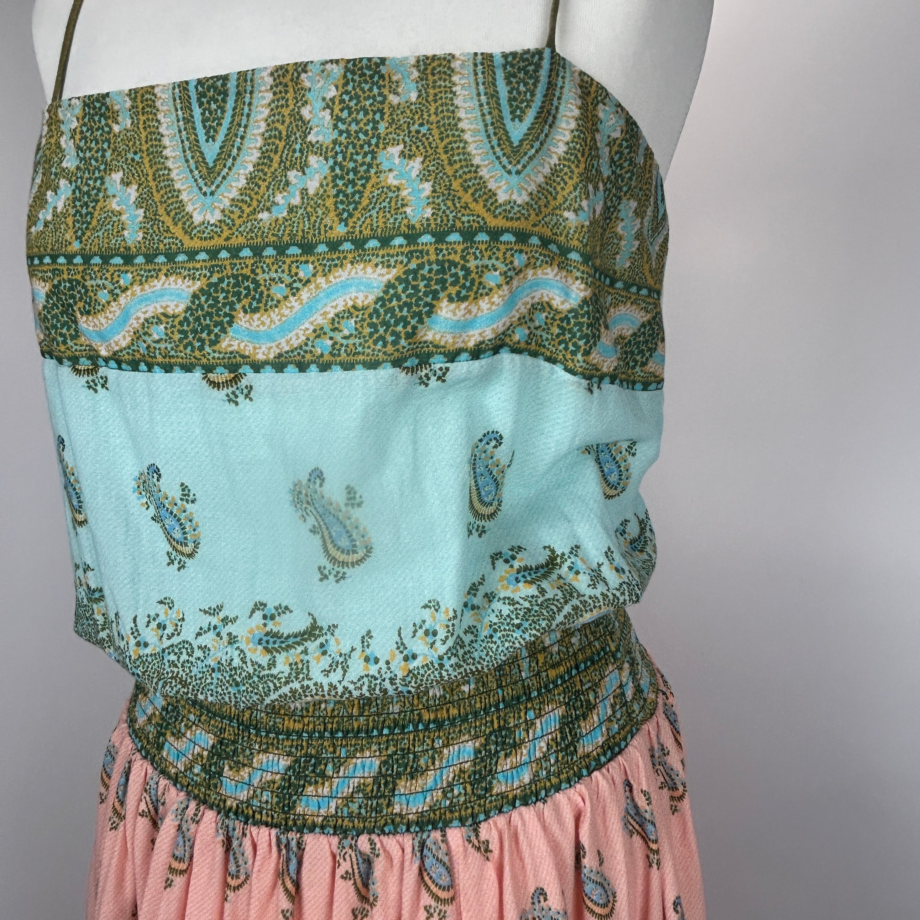 Boteh New £355 Peach & Mint Lucent Drop Waist Maxi Dress M
