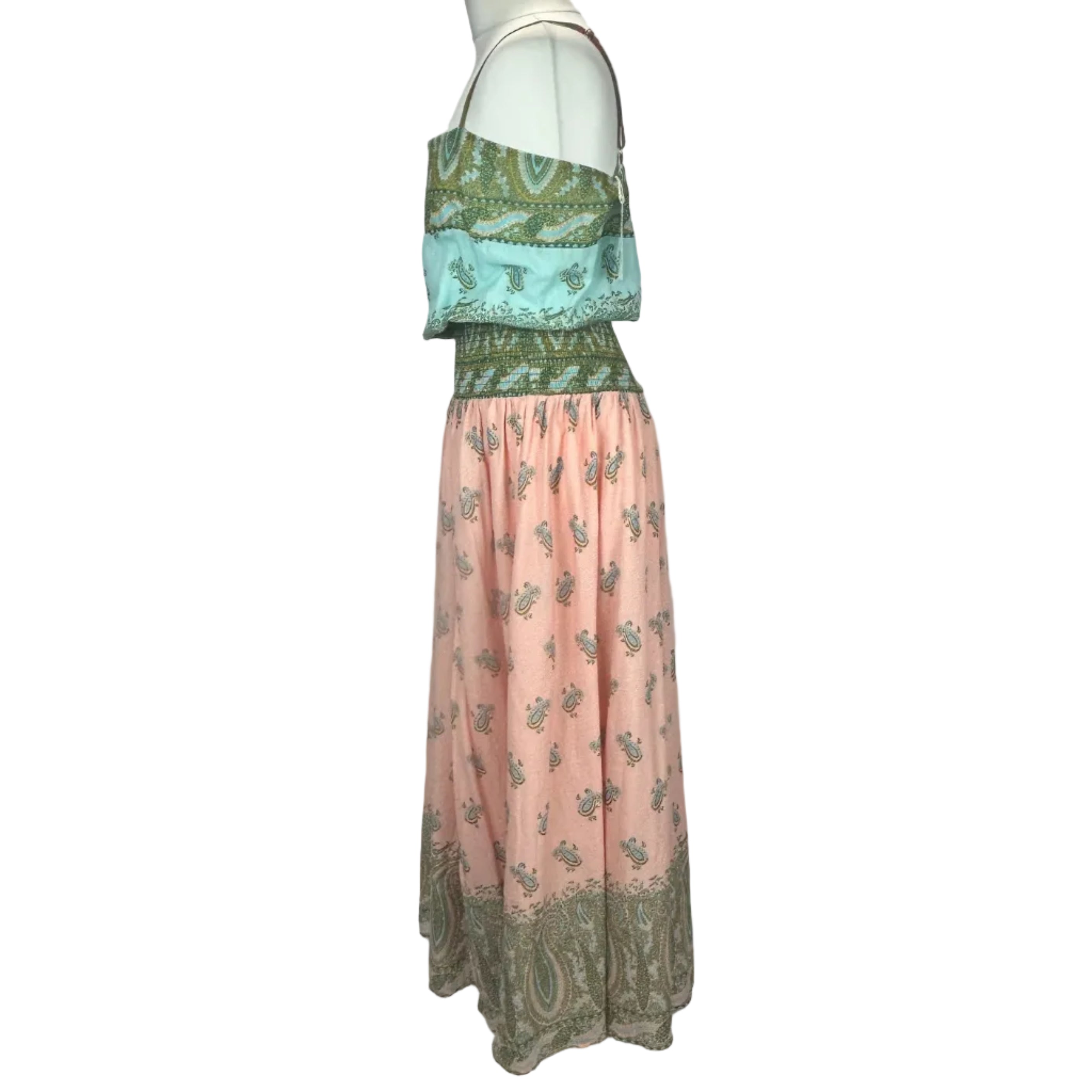 Boteh New £355 Peach & Mint Lucent Drop Waist Maxi Dress M