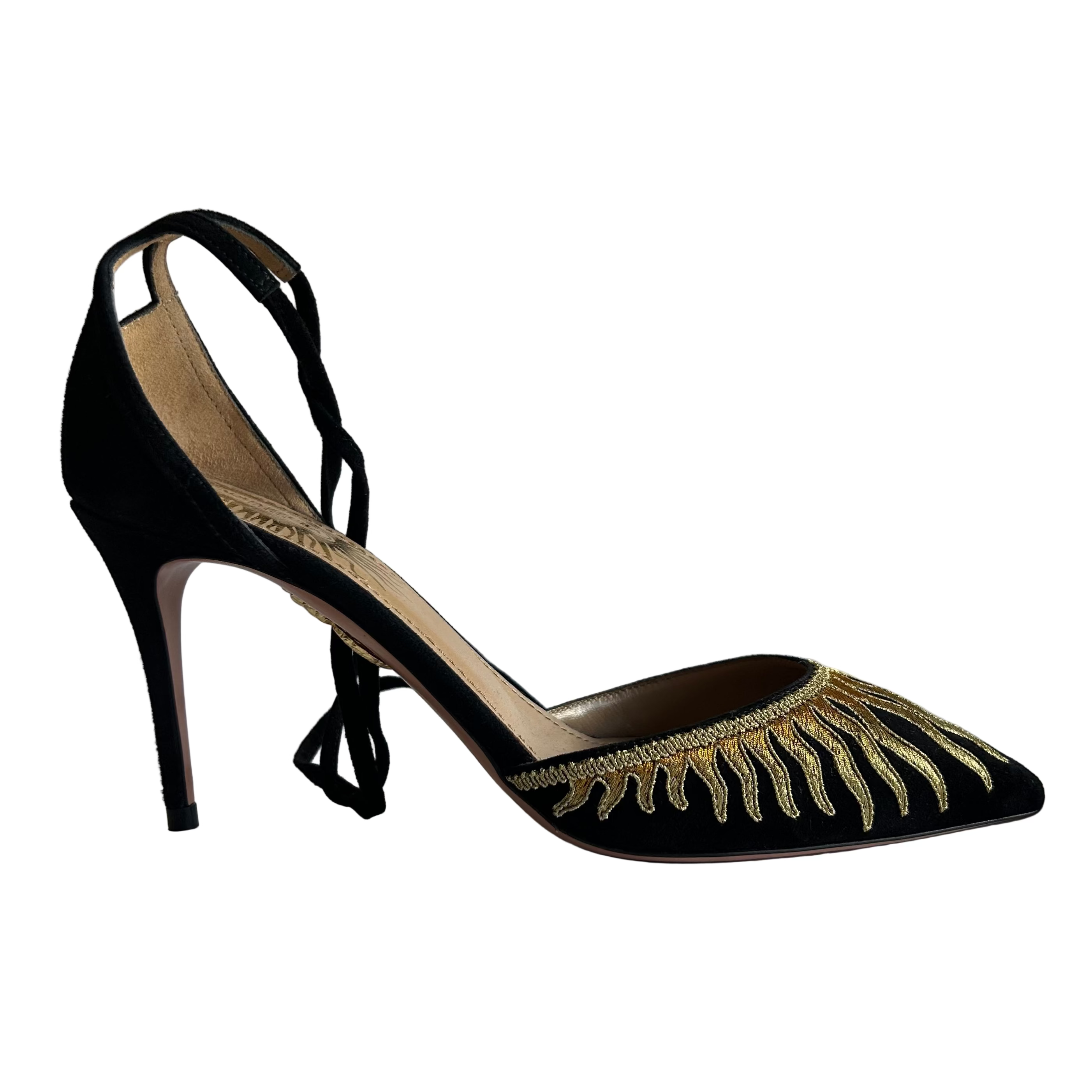 Aquazzura New Black & Gold Sunburst Ankle Wrap Heels 38