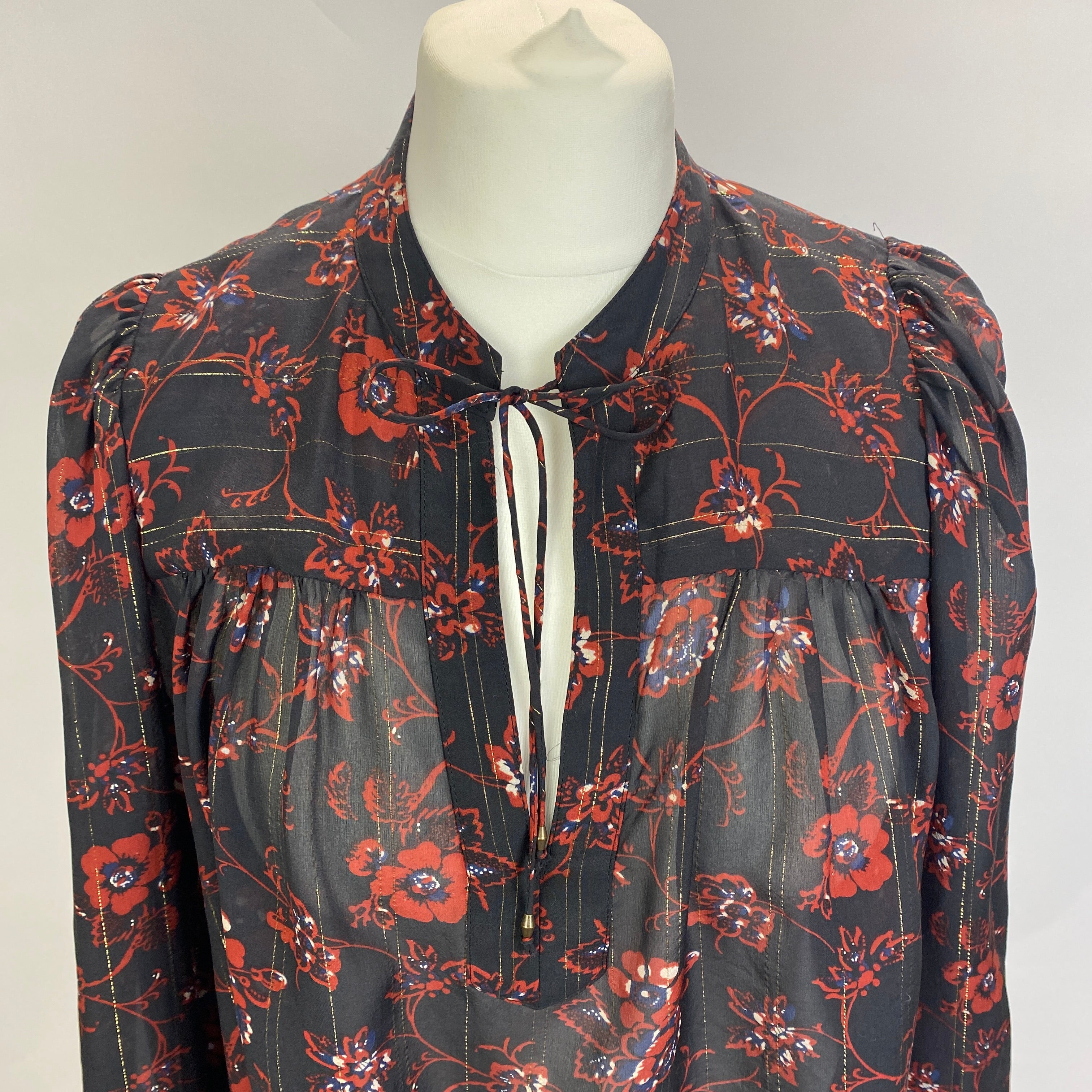 Ulla Johnson Black Red & Gold Floral Silk Blouse M