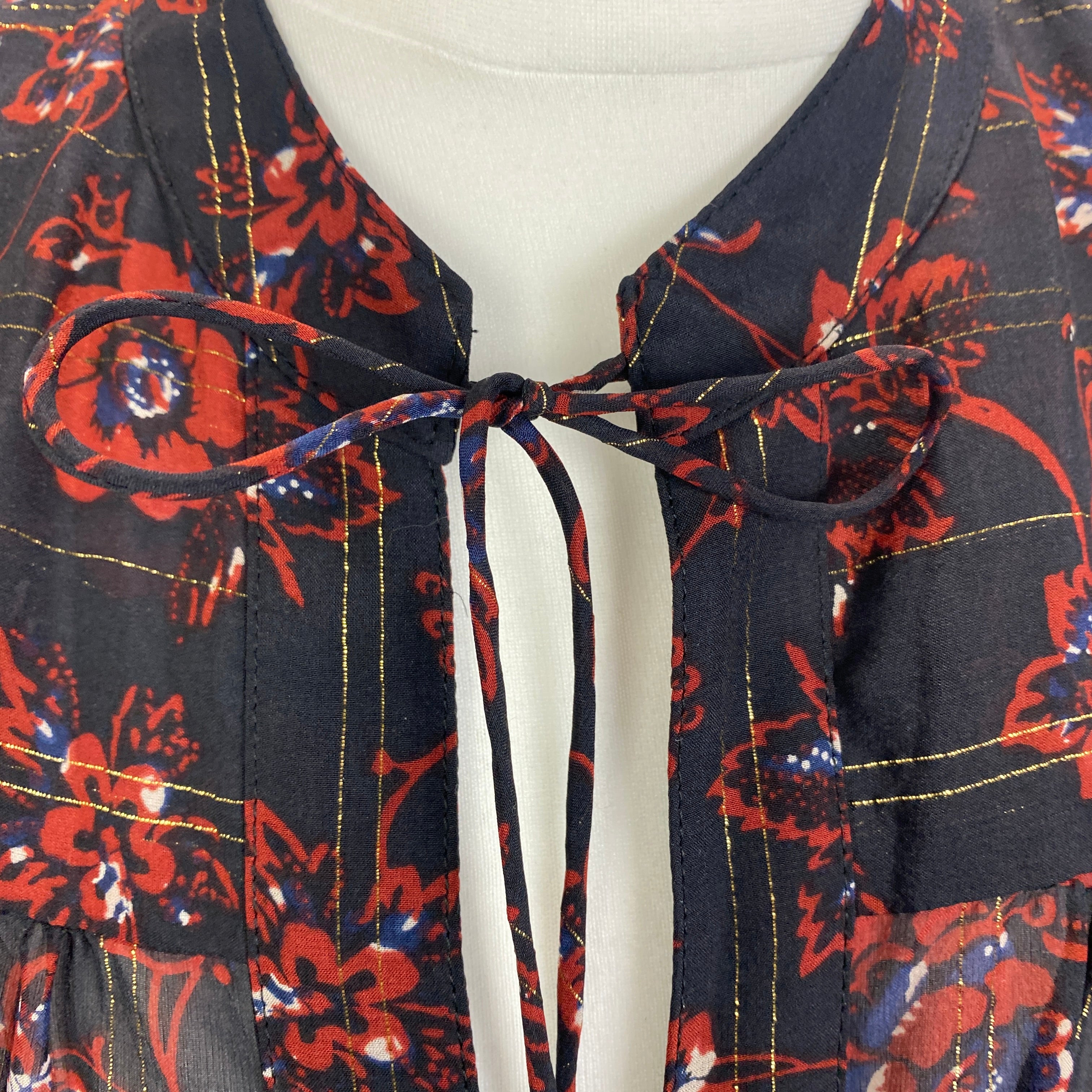 Ulla Johnson Black Red & Gold Floral Silk Blouse M