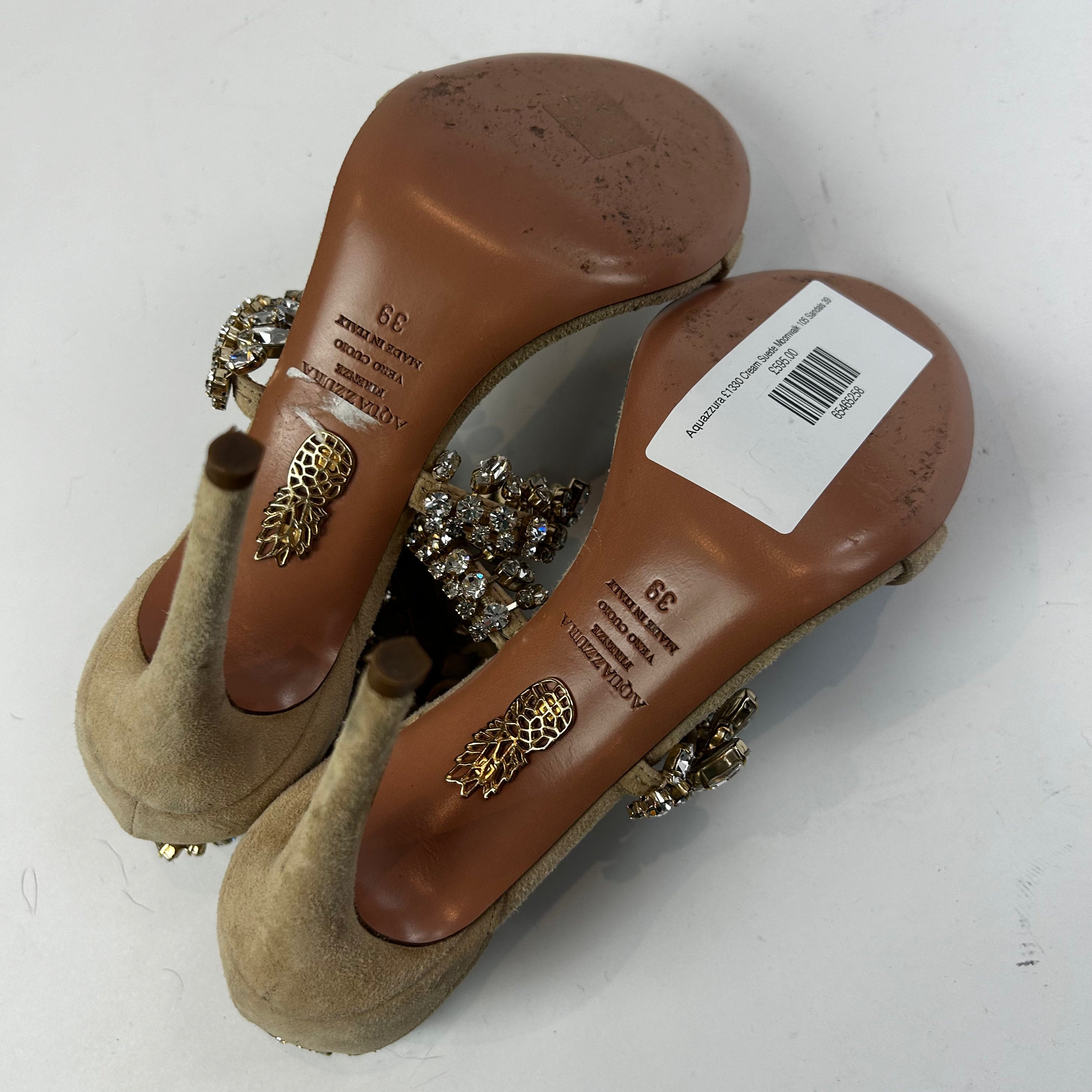 Aquazzura £1330 Cream Suede Moonwalk 105 Sandals 39