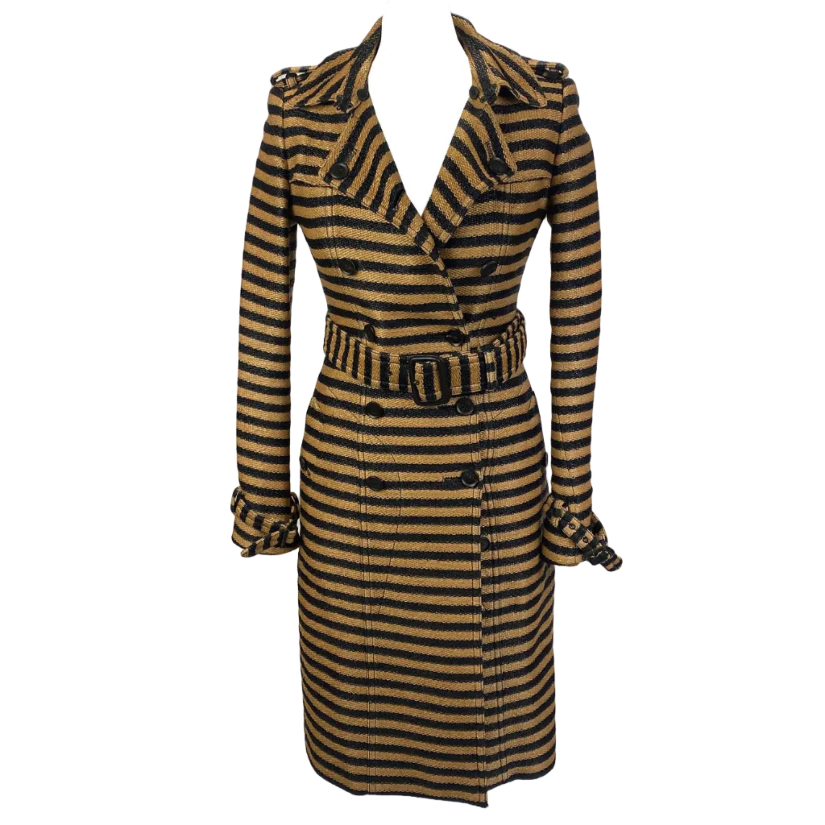 Burberry Prorsum Black & Camel Stripe Raffia Trench Coat XXS