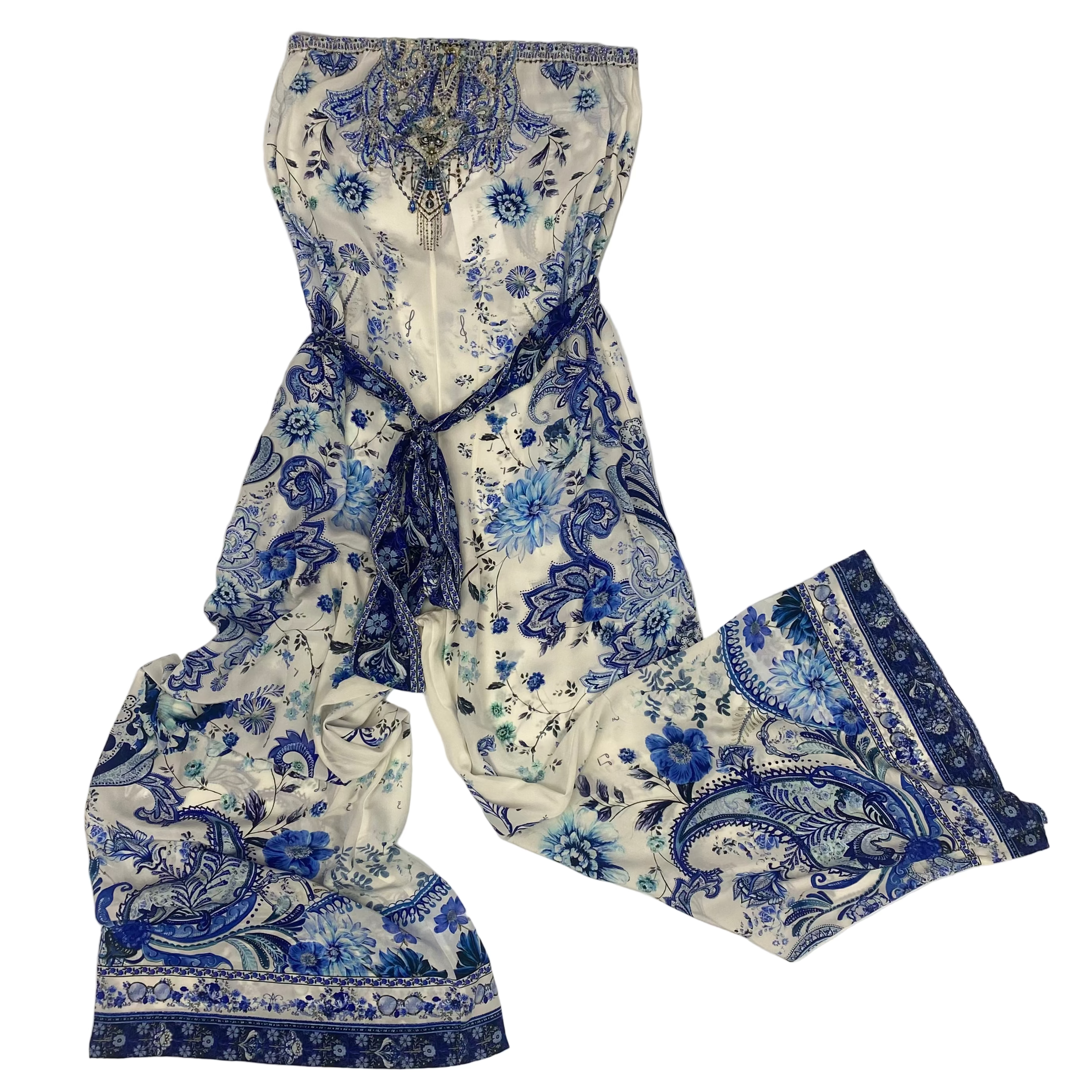 Camilla £600 Blue & Ivory Silk Bandeau Jumpsuit S
