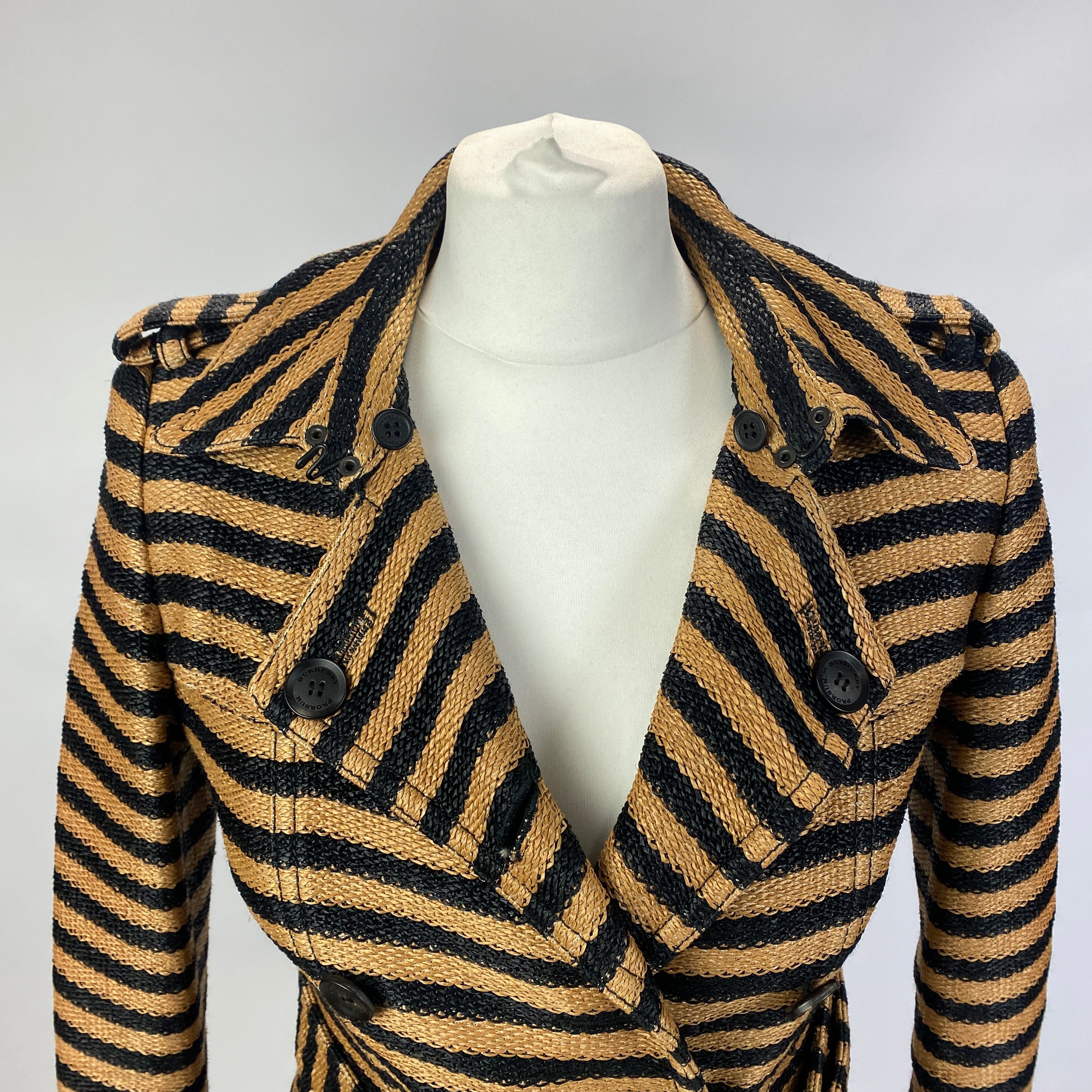 Burberry Prorsum Black & Camel Stripe Raffia Trench Coat XXS