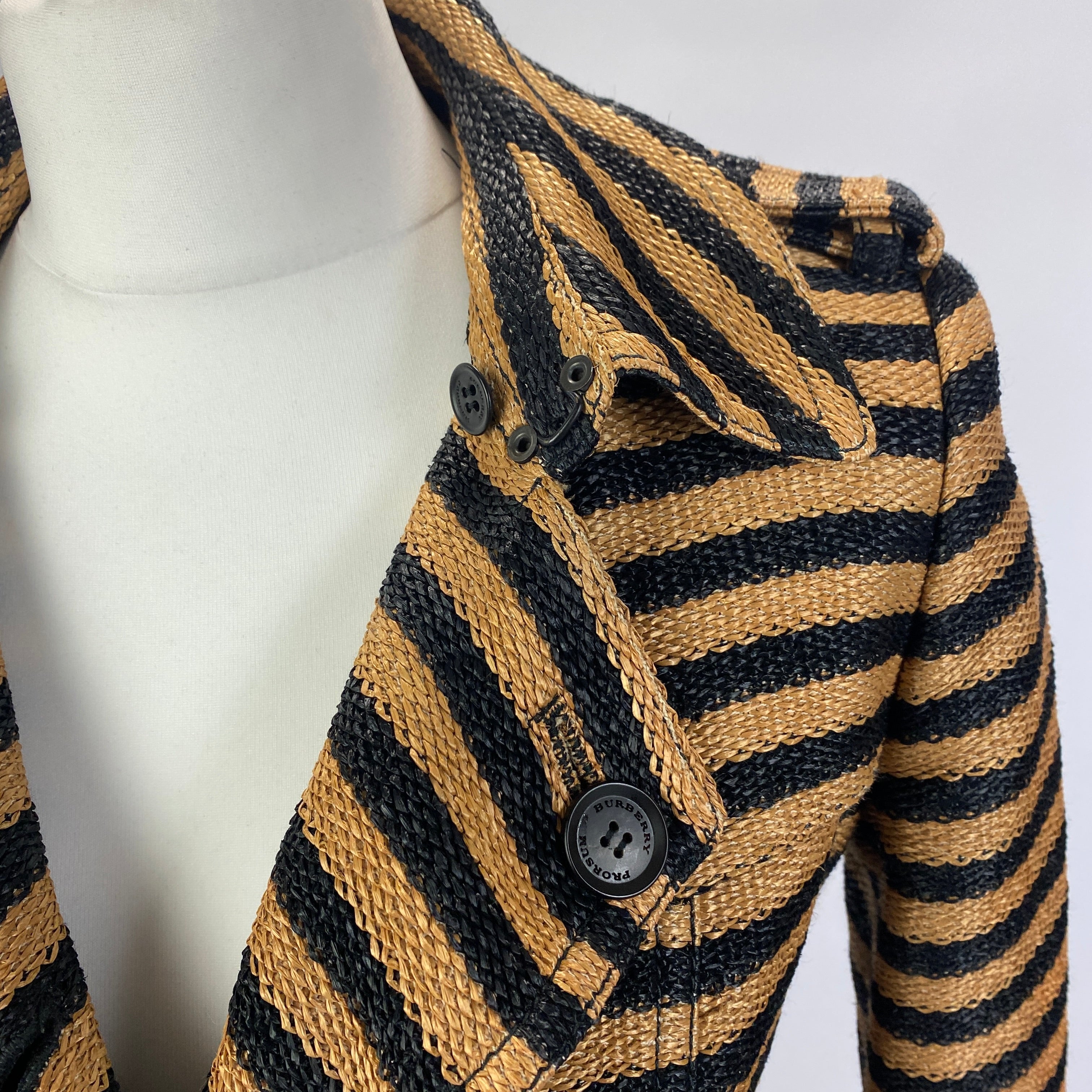 Burberry Prorsum Black & Camel Stripe Raffia Trench Coat XXS