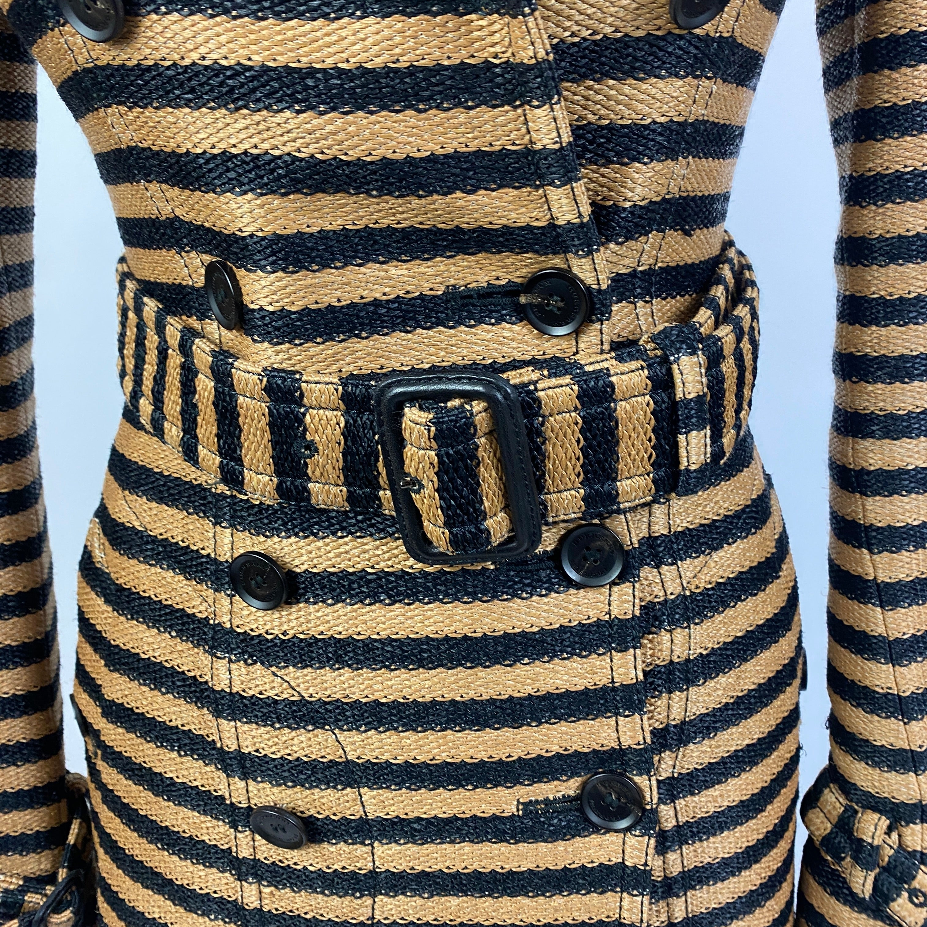 Burberry Prorsum Black & Camel Stripe Raffia Trench Coat XXS