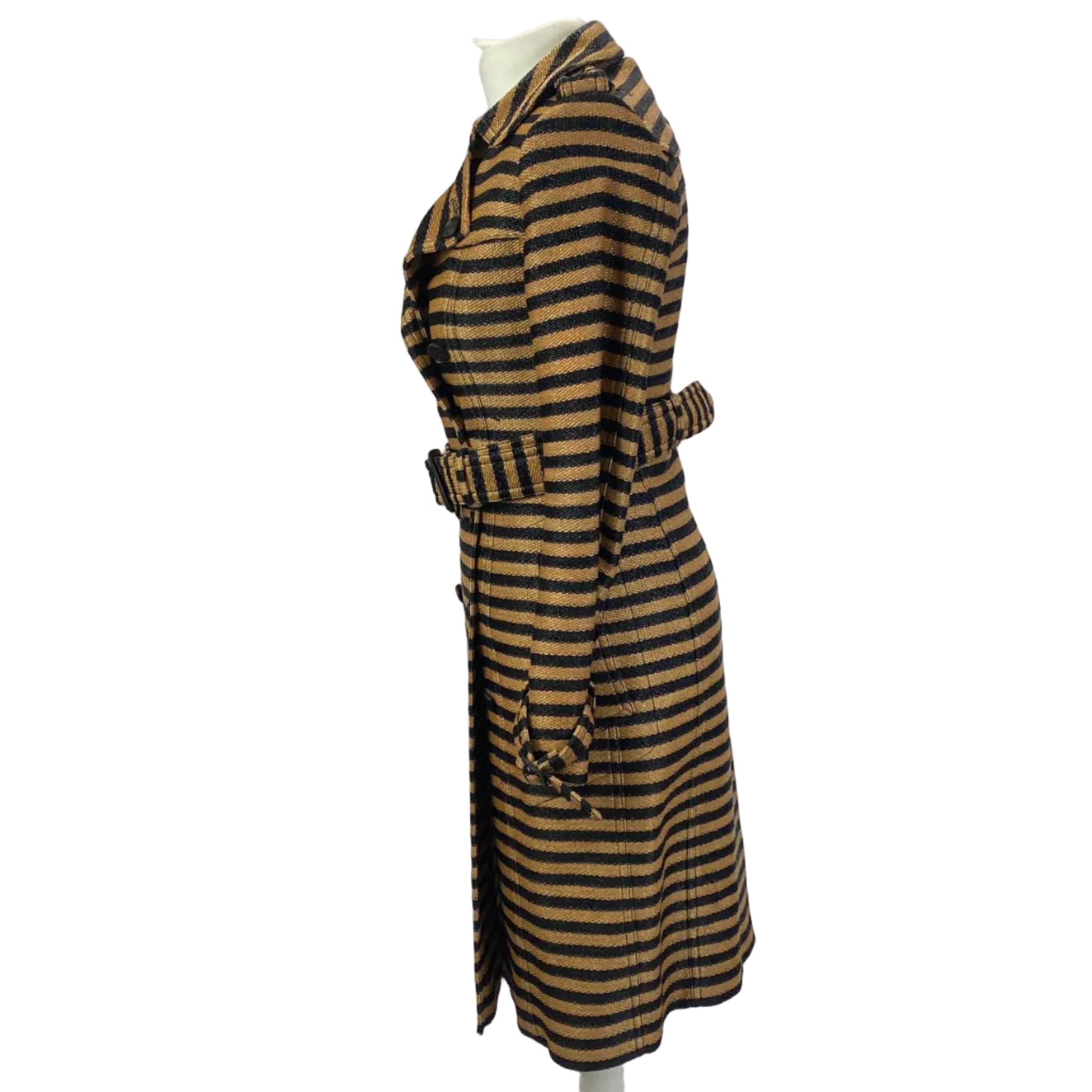 Burberry Prorsum Black & Camel Stripe Raffia Trench Coat XXS