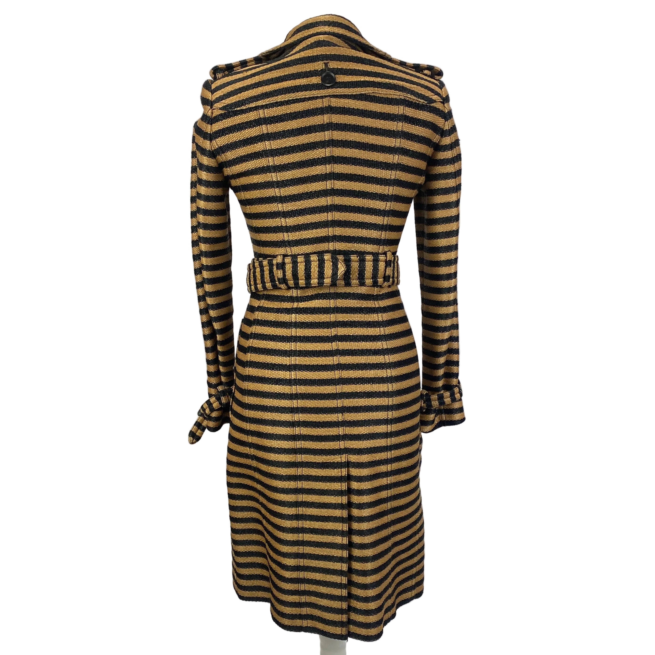 Burberry Prorsum Black & Camel Stripe Raffia Trench Coat XXS