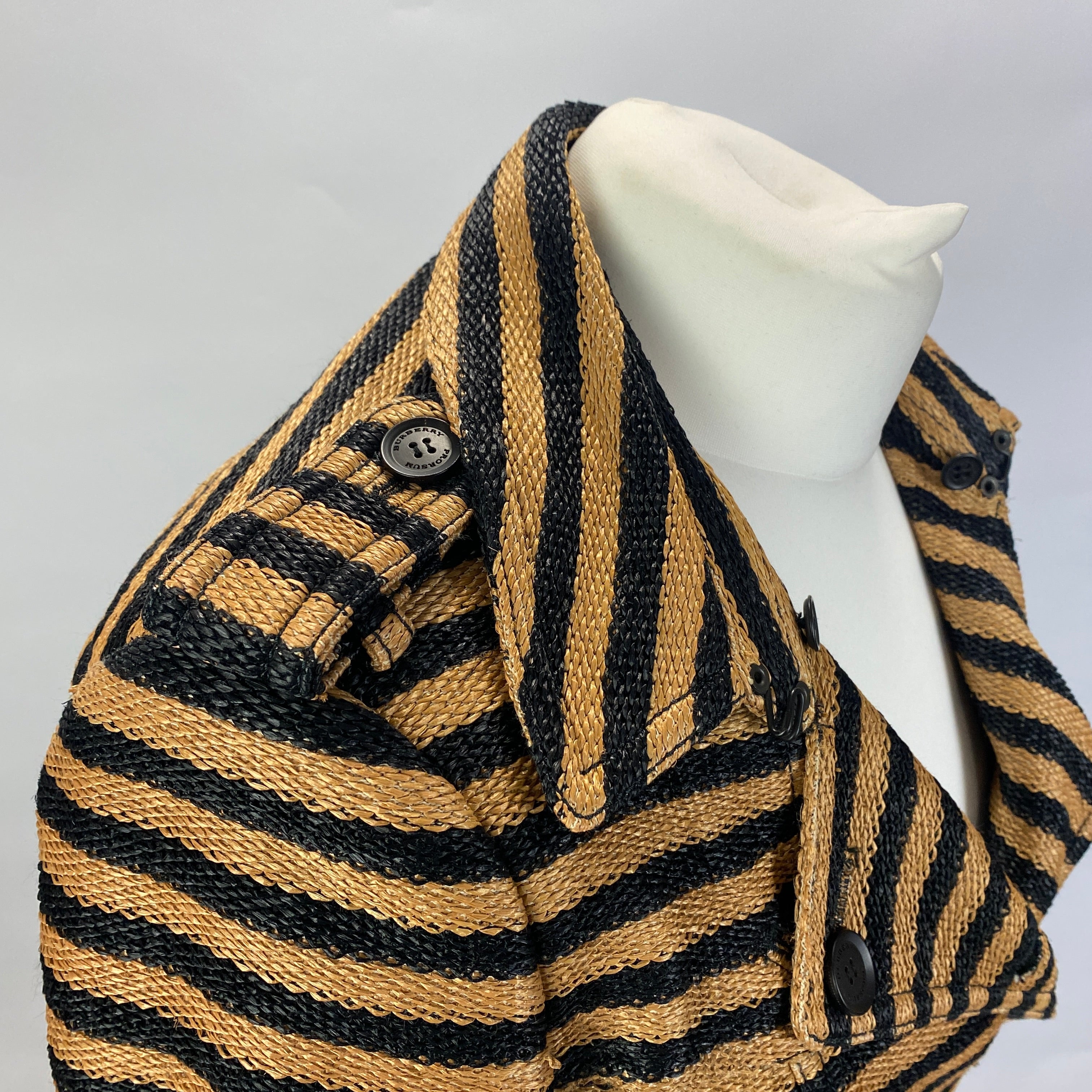 Burberry Prorsum Black & Camel Stripe Raffia Trench Coat XXS