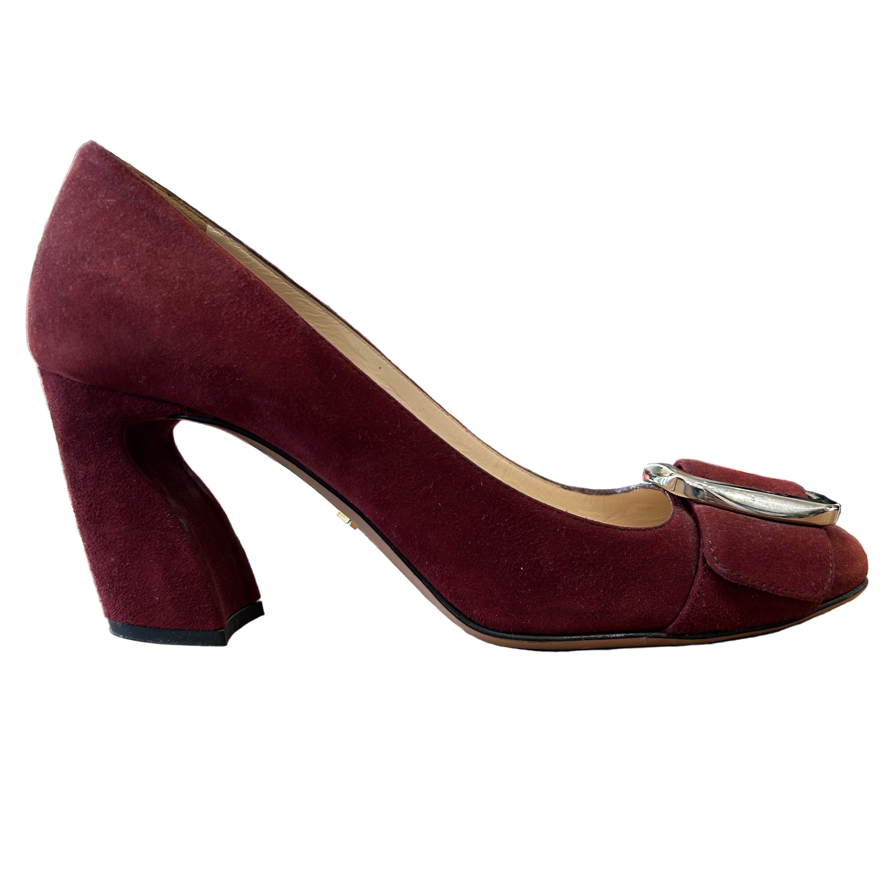 Prada Burgundy Suede Silver Buckle Heels 37