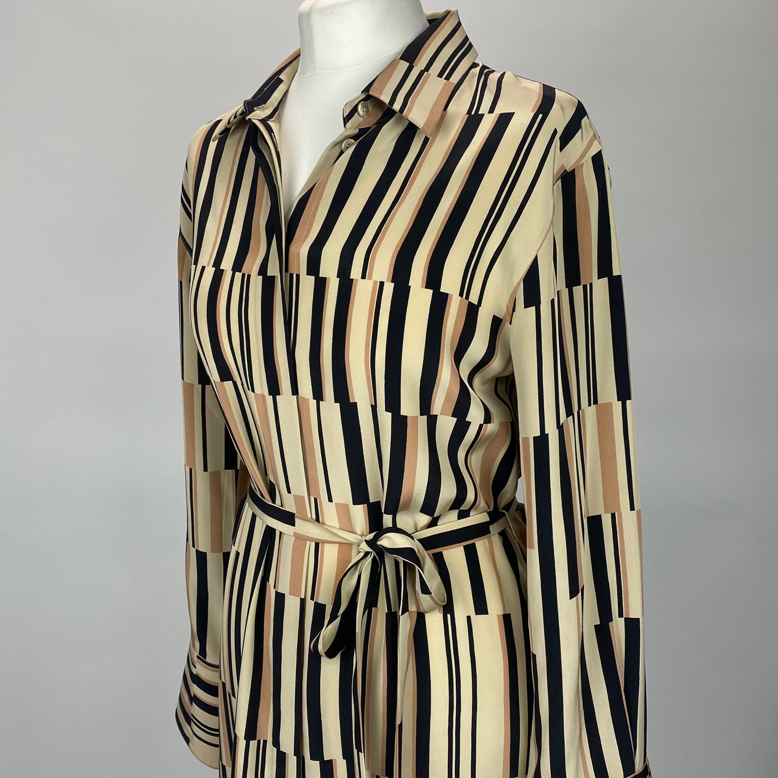 Joseph £595 Deep Vanilla & Black Stripe Silk Shirtdress XXS/XS