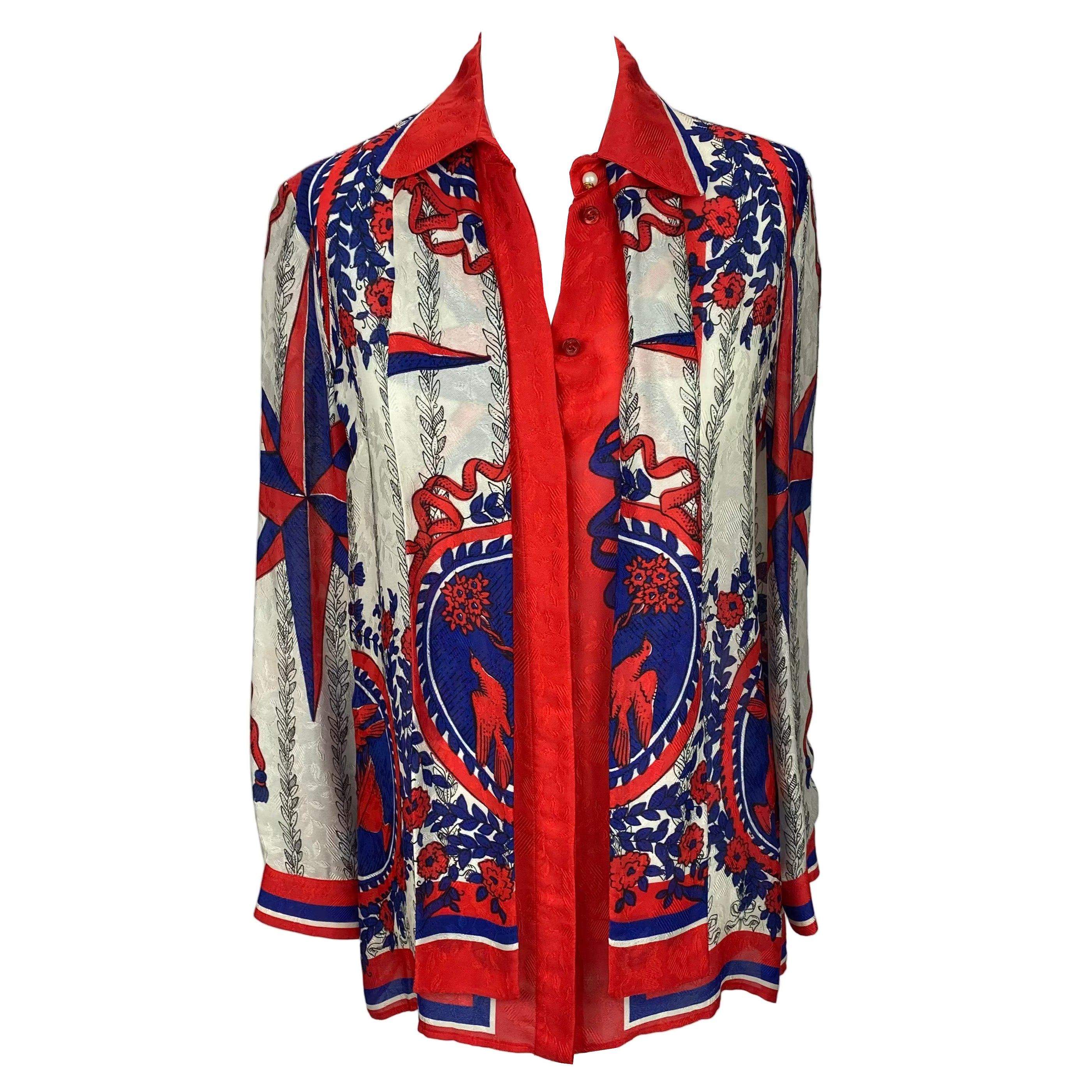 Gucci Ruby & Navy Carillon Print Silk Print Shirt S