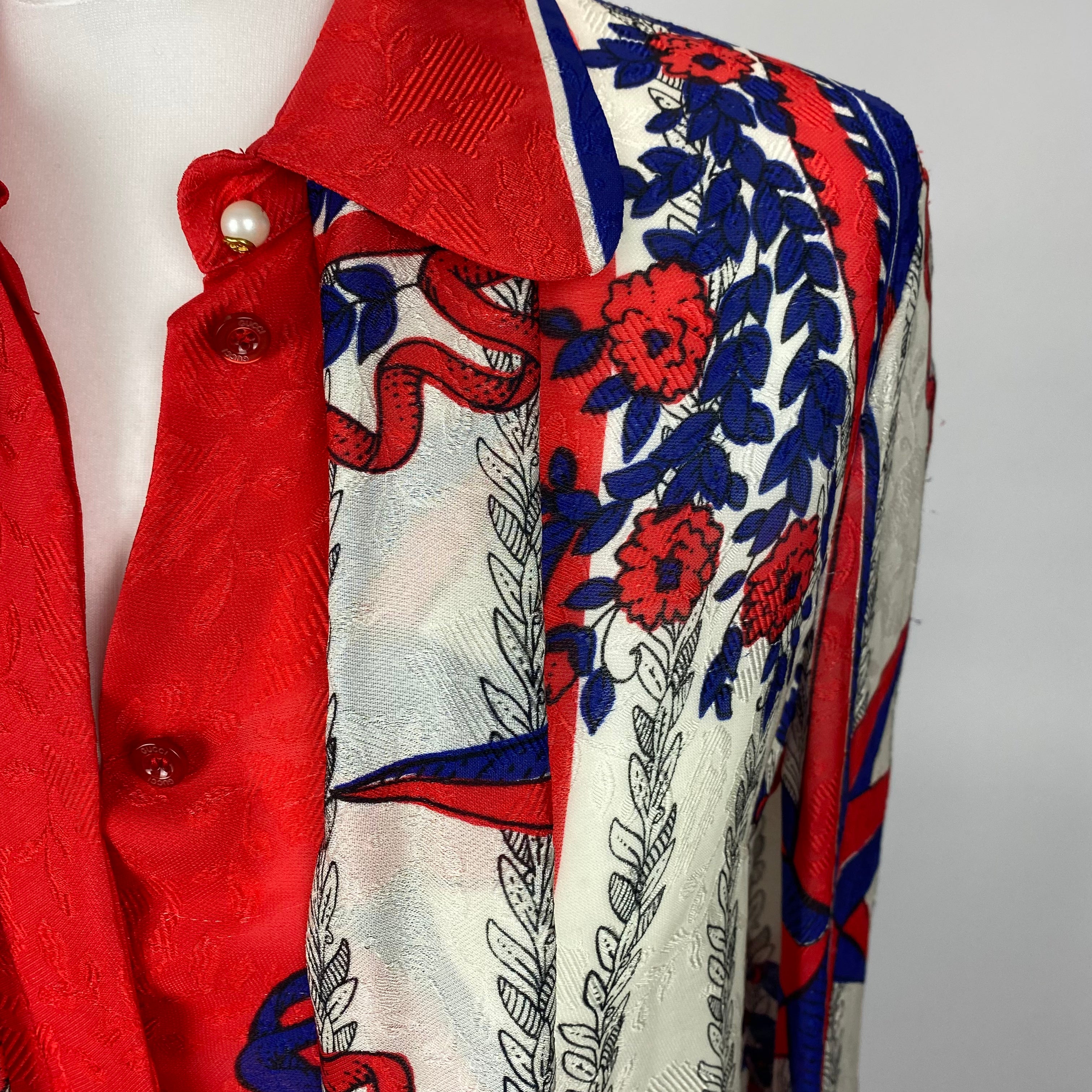 Gucci Ruby & Navy Carillon Print Silk Print Shirt S