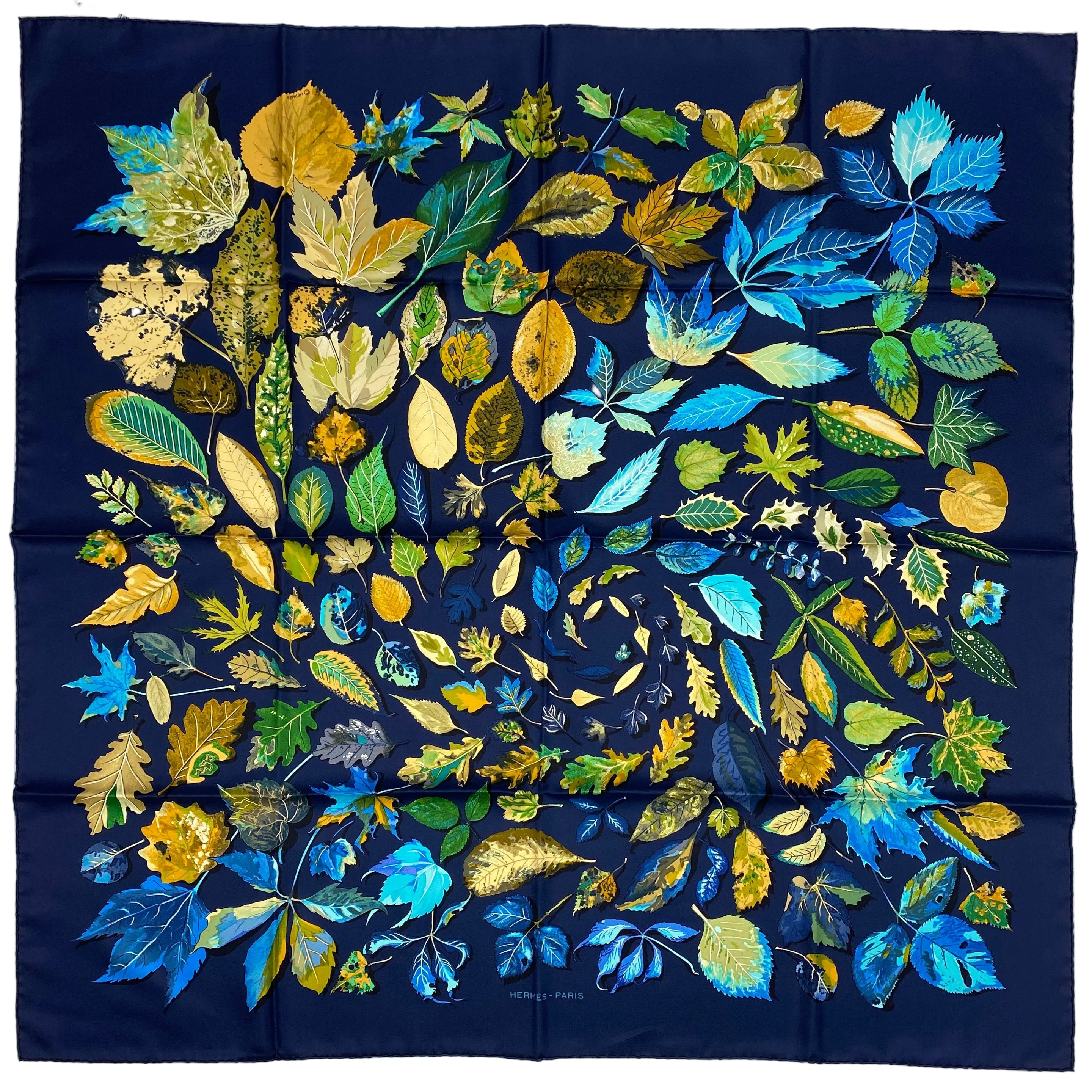 Hermes New Navy Autumn Leaves Silk Twill 90 Scarf