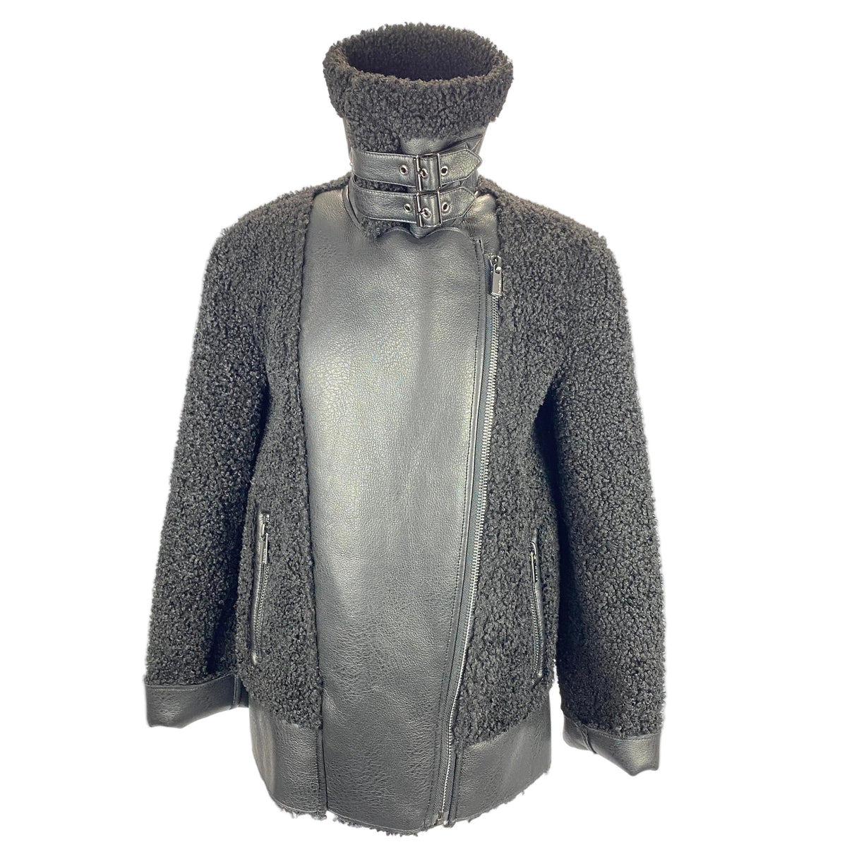 Berenice New Black Curly Faux Shearling Biker Jacket XS
