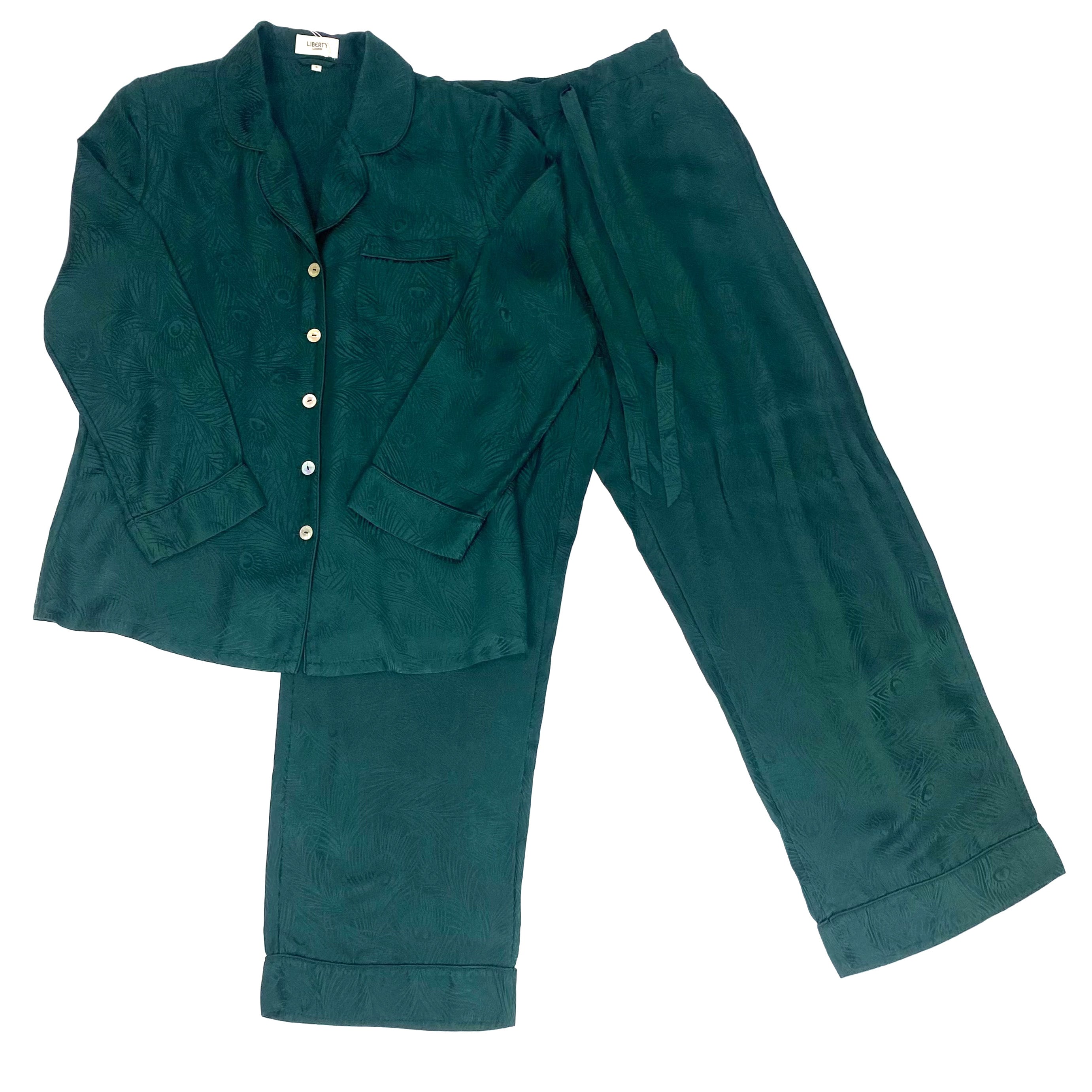Liberty London £425 Green Peacock Feather Silk Pyjama Set S