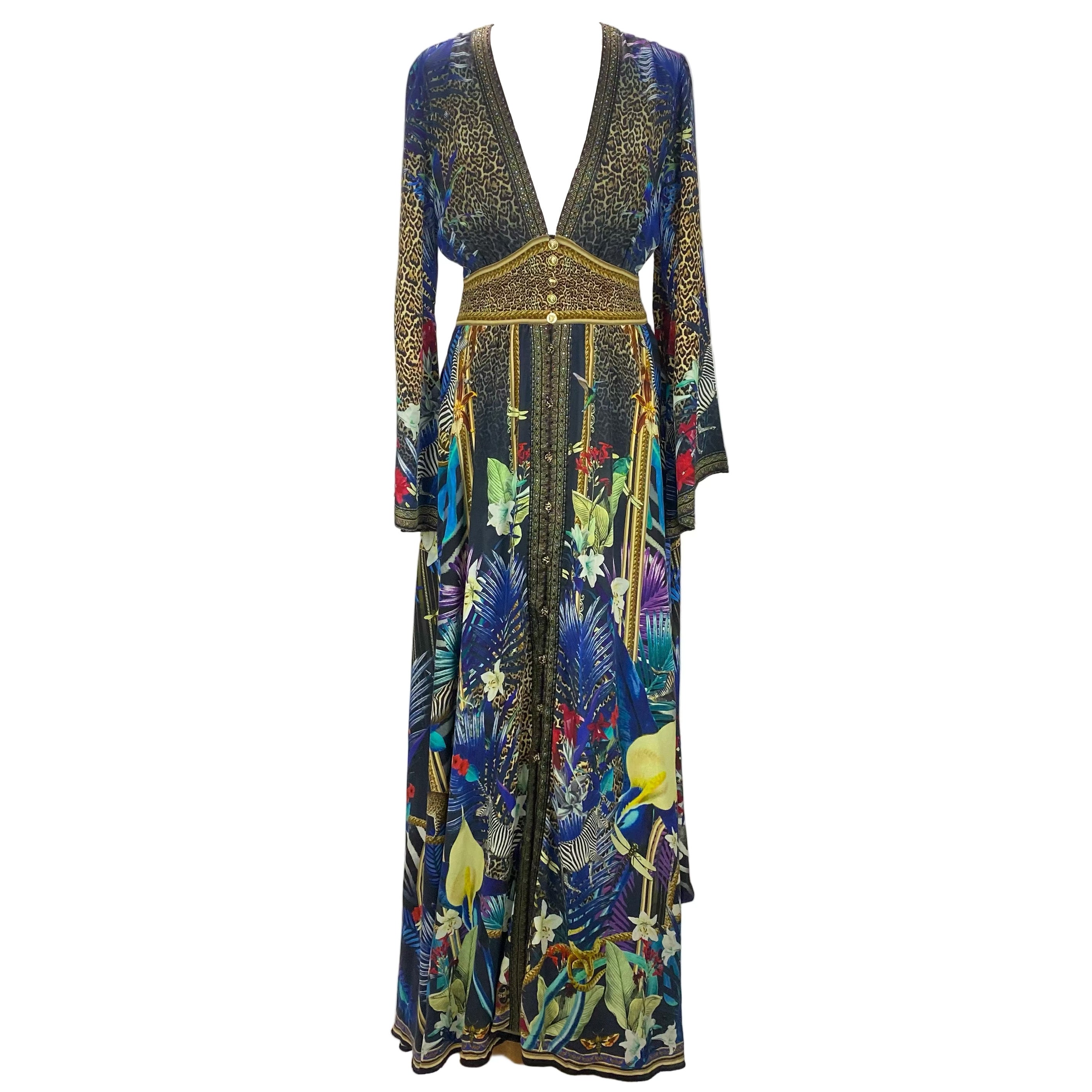 Camilla £878 Black Lily & Leopard Print Silk Maxi Dress XS