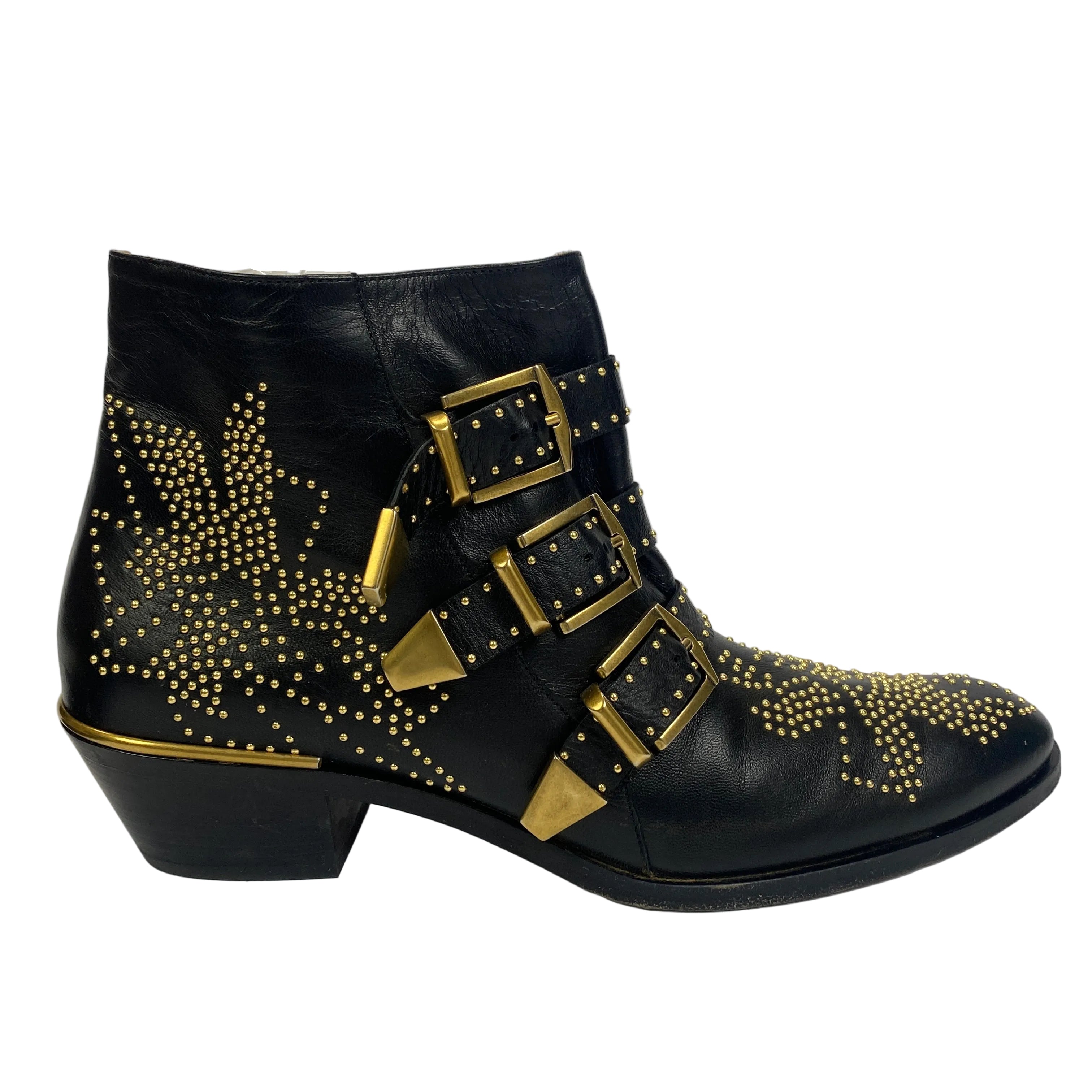 Chloe £1090 Black Gold Studded Leather Susanna Ankle Boots 41