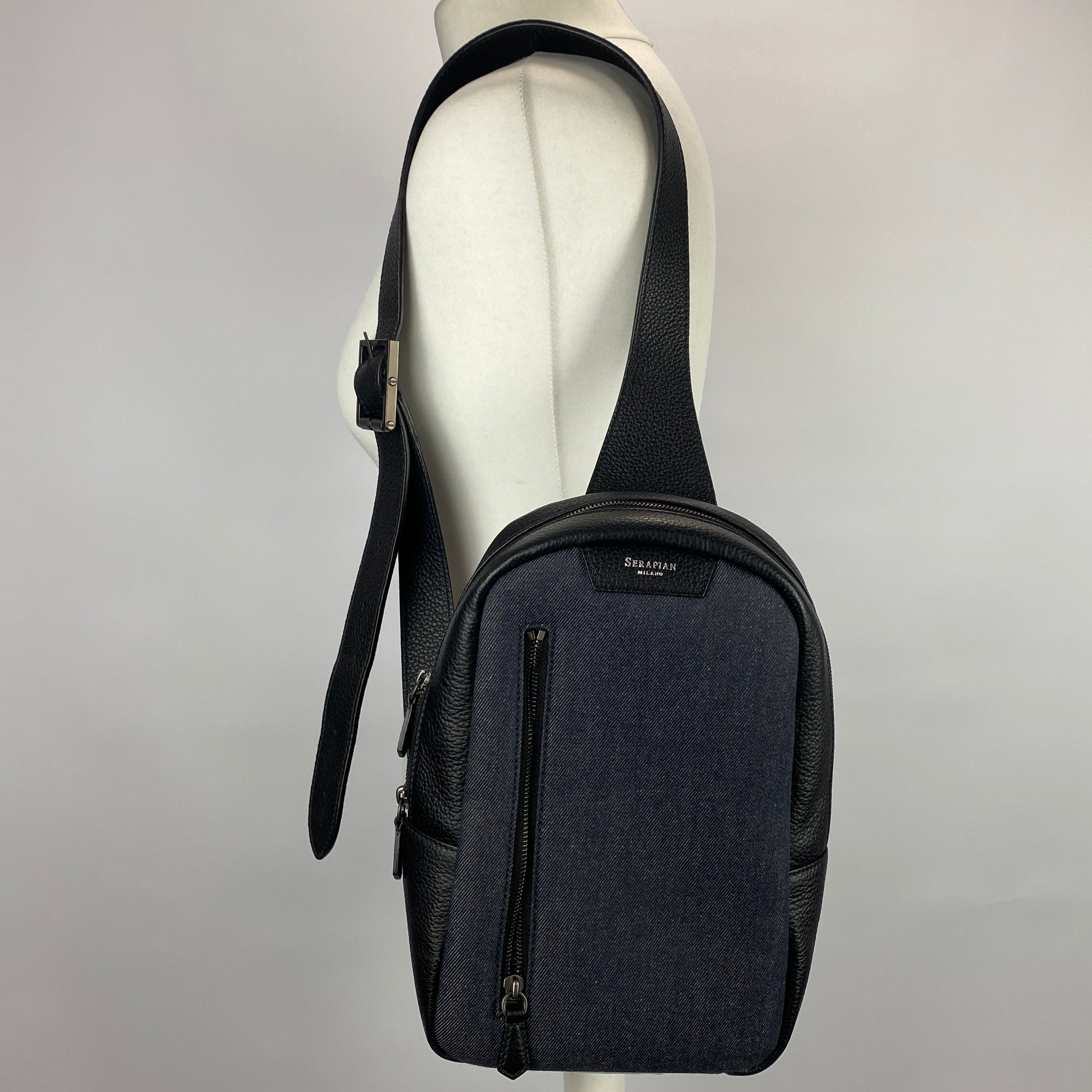 Serapian Milano £750 Dark Indigo Denim & Black Leather Sling Backpack