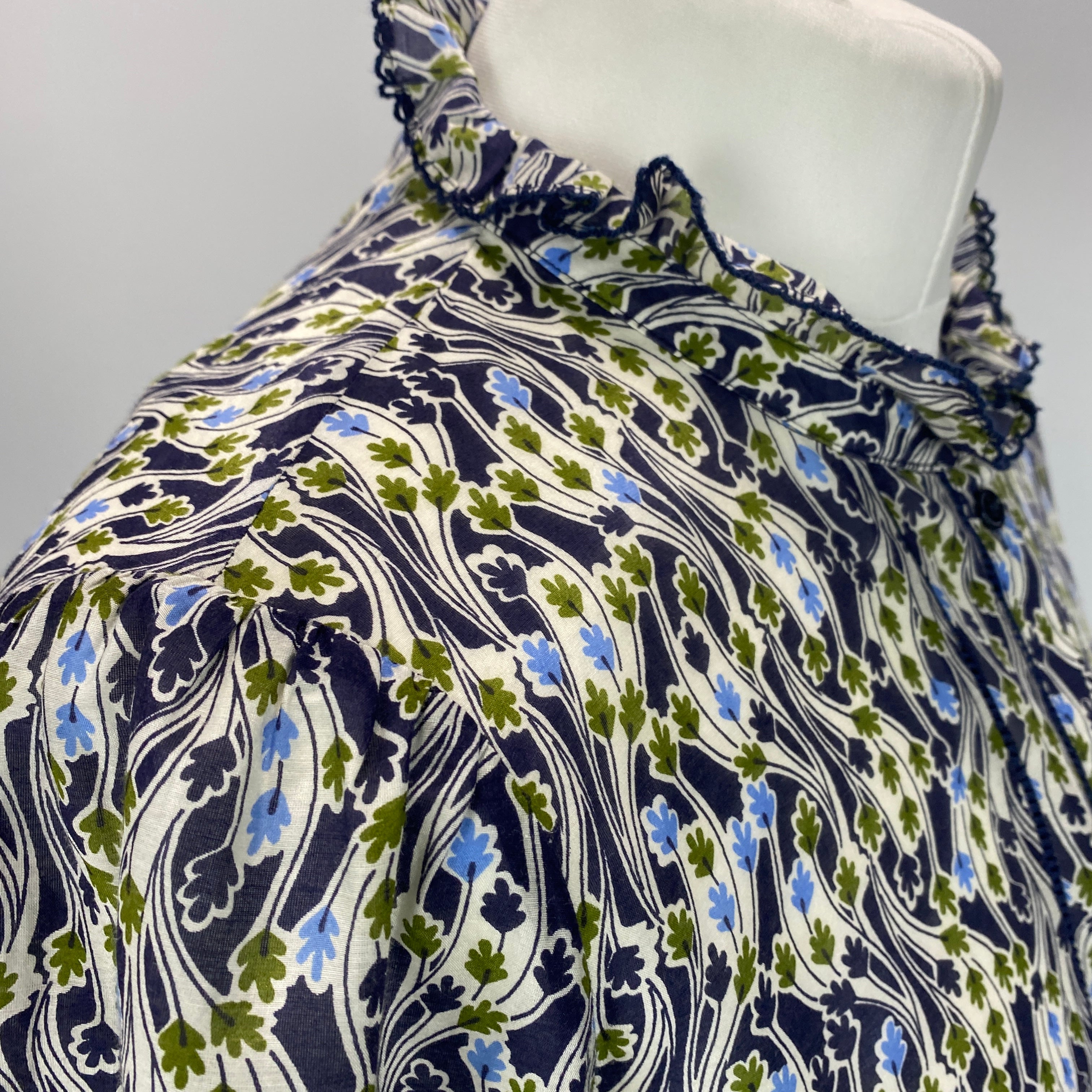 Me&Em Navy & White Leaf Print Silk & Cotton Blouse XS