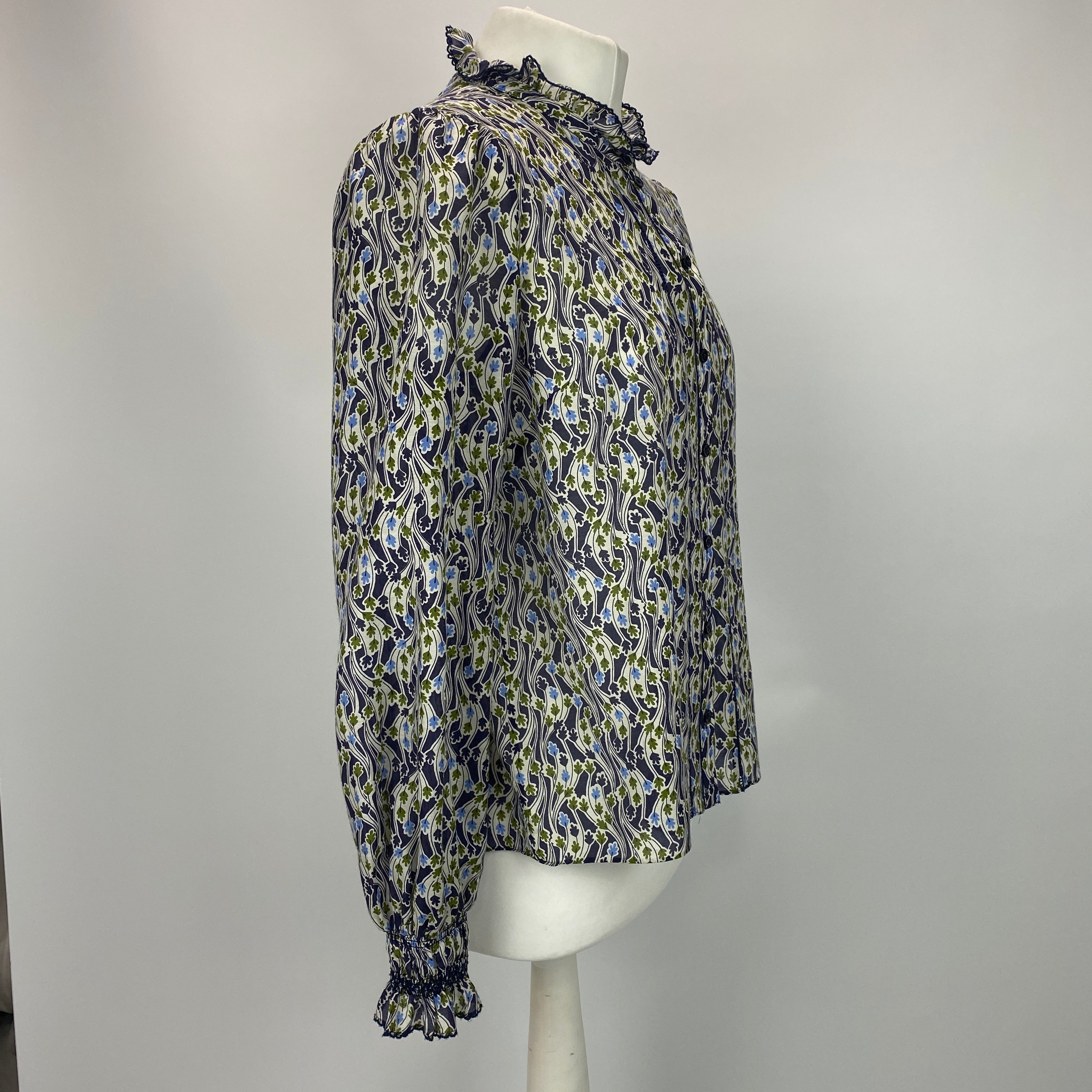 Me&Em Navy & White Leaf Print Silk & Cotton Blouse XS