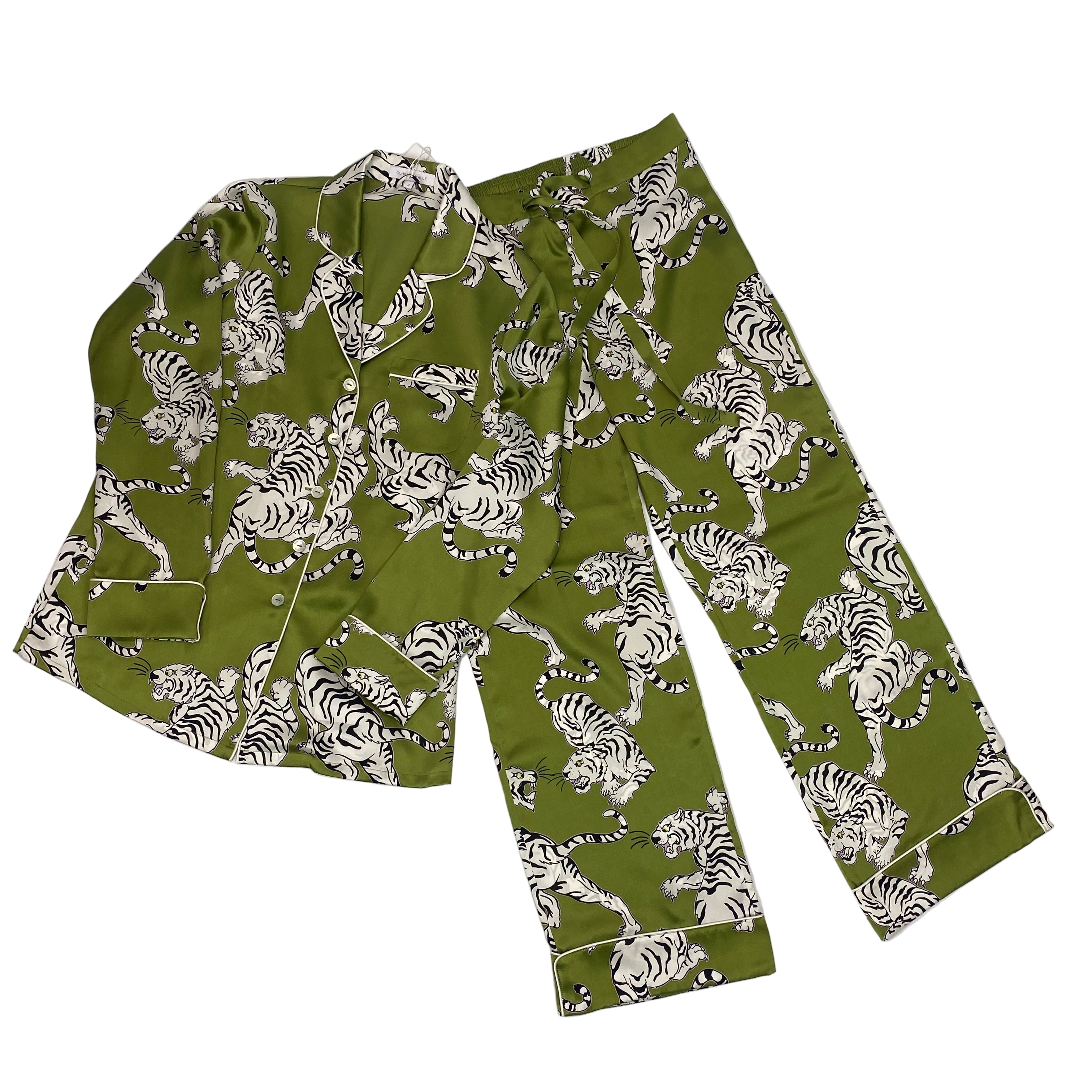 Olivia Von Halle £620 Green Tiger Print Silk Lila Pyjama Set S