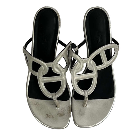 Hermes Sold Out Silver Chaine D’ancre Flat Sandals 39