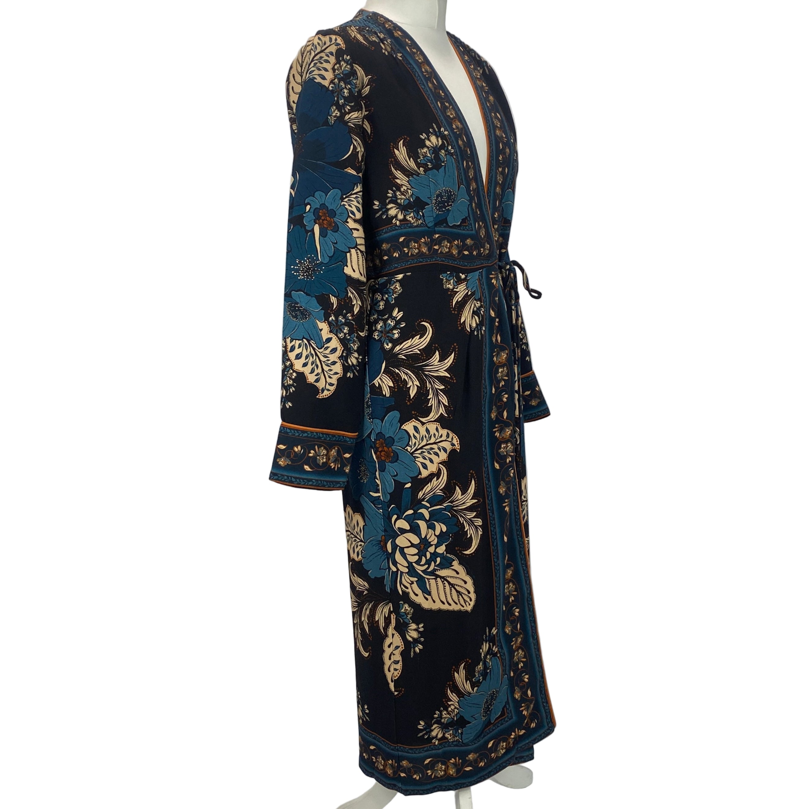 Farm Rio £340 Black Tapestry Blossom Wrap Midi Dress S