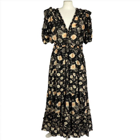 Ulla Johnson £488 Black & Peach Floral Ruffled Maxi Dress S