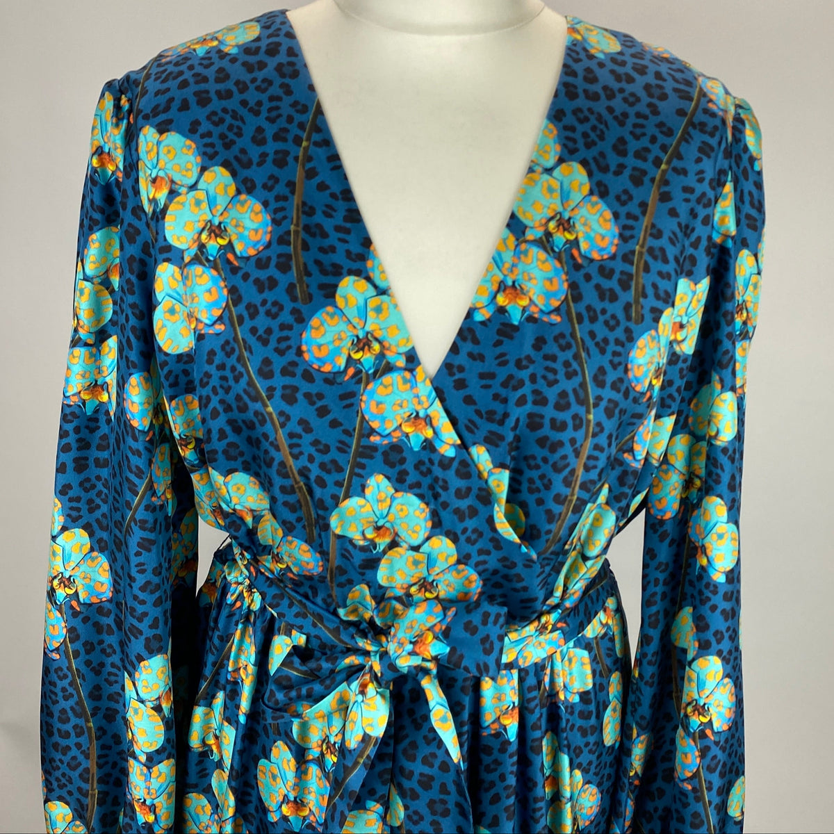 Borgo De Nor £900 Teal & Aqua Orchid Print Silk Maxi Dress L