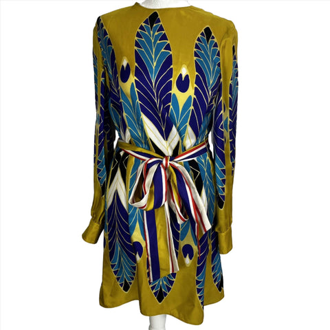 Valentino Goldenrod & Aqua Print Silk Belted Shift Dress XXS