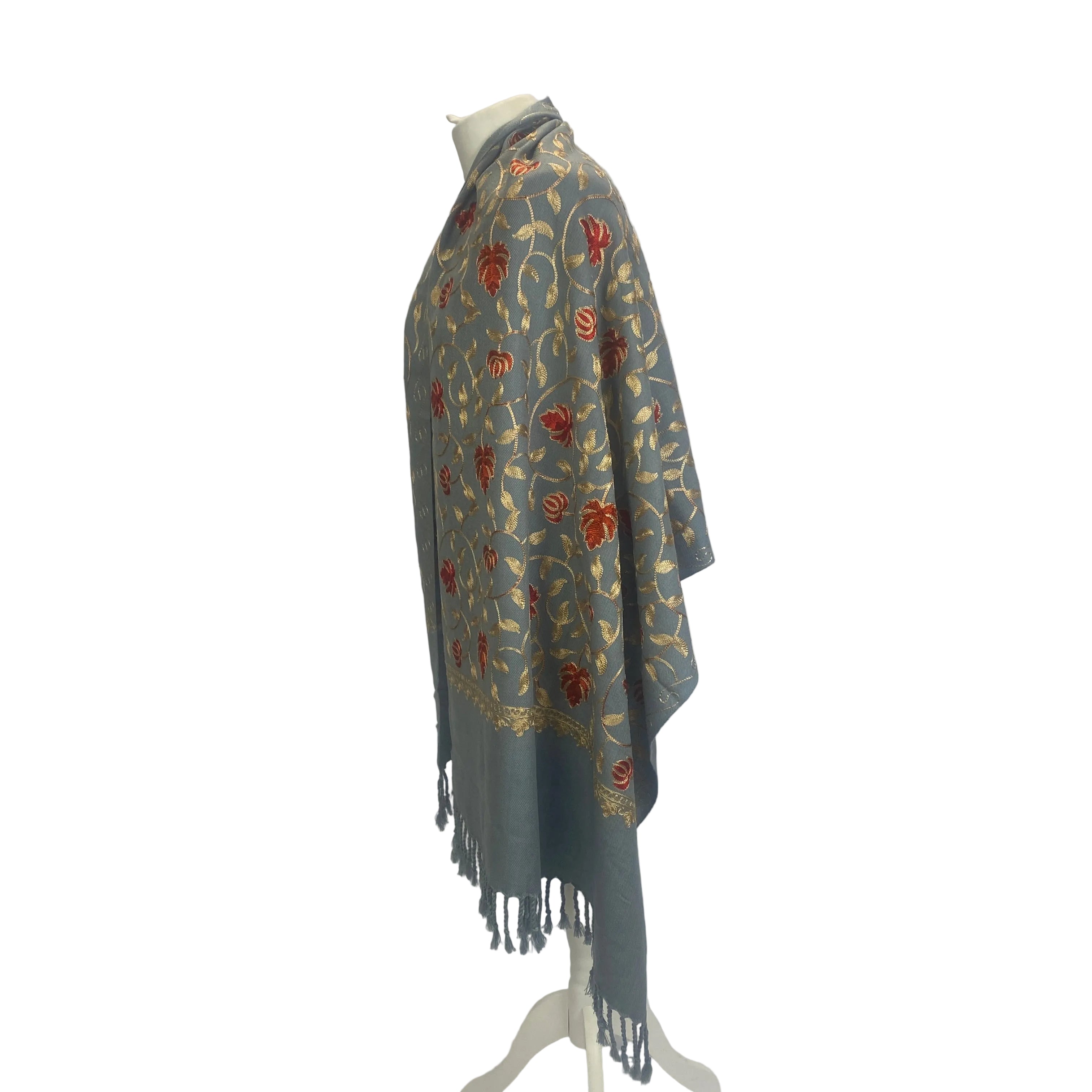Handmade Indian Embroidered Dusty Blue Cashmere Shawl