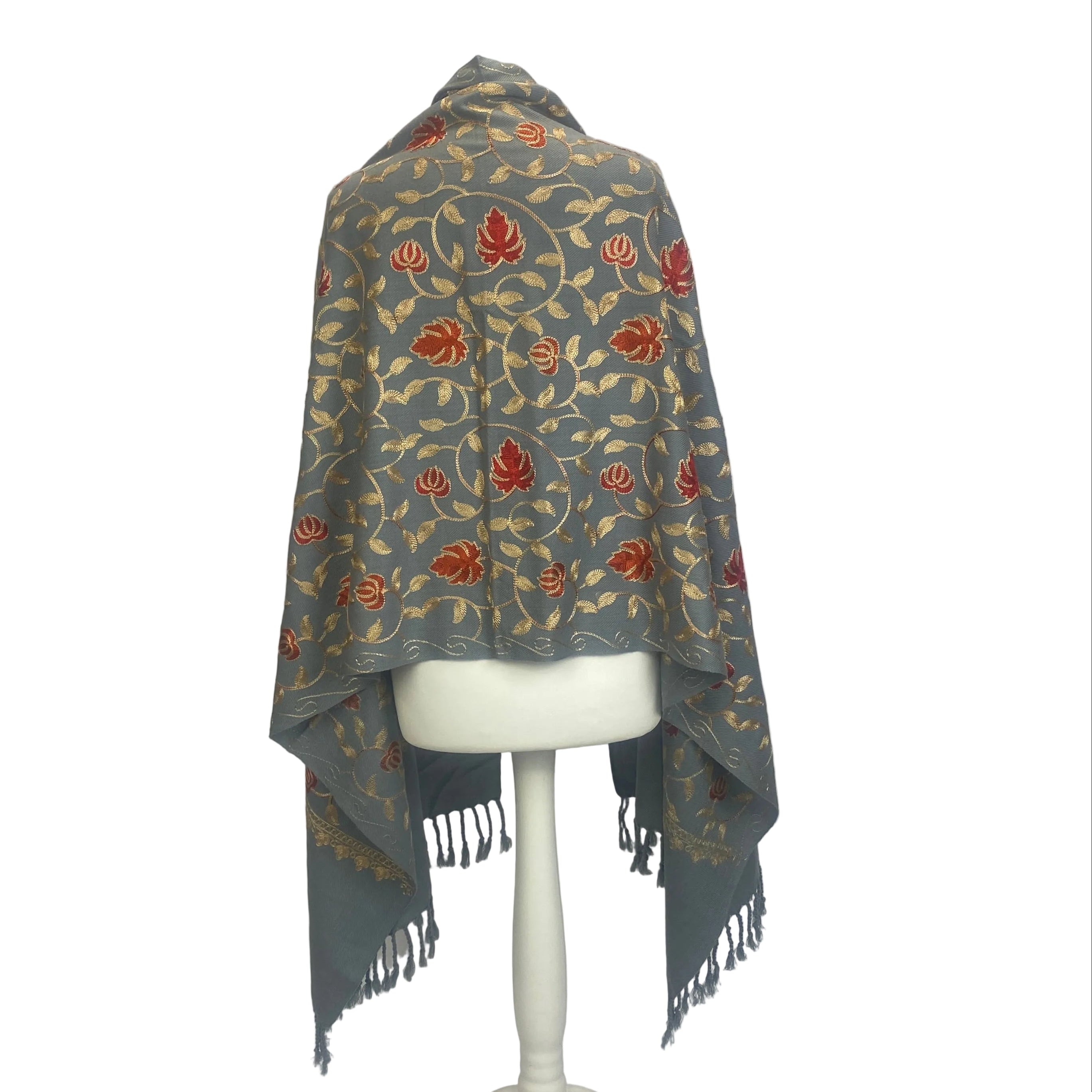 Handmade Indian Embroidered Dusty Blue Cashmere Shawl