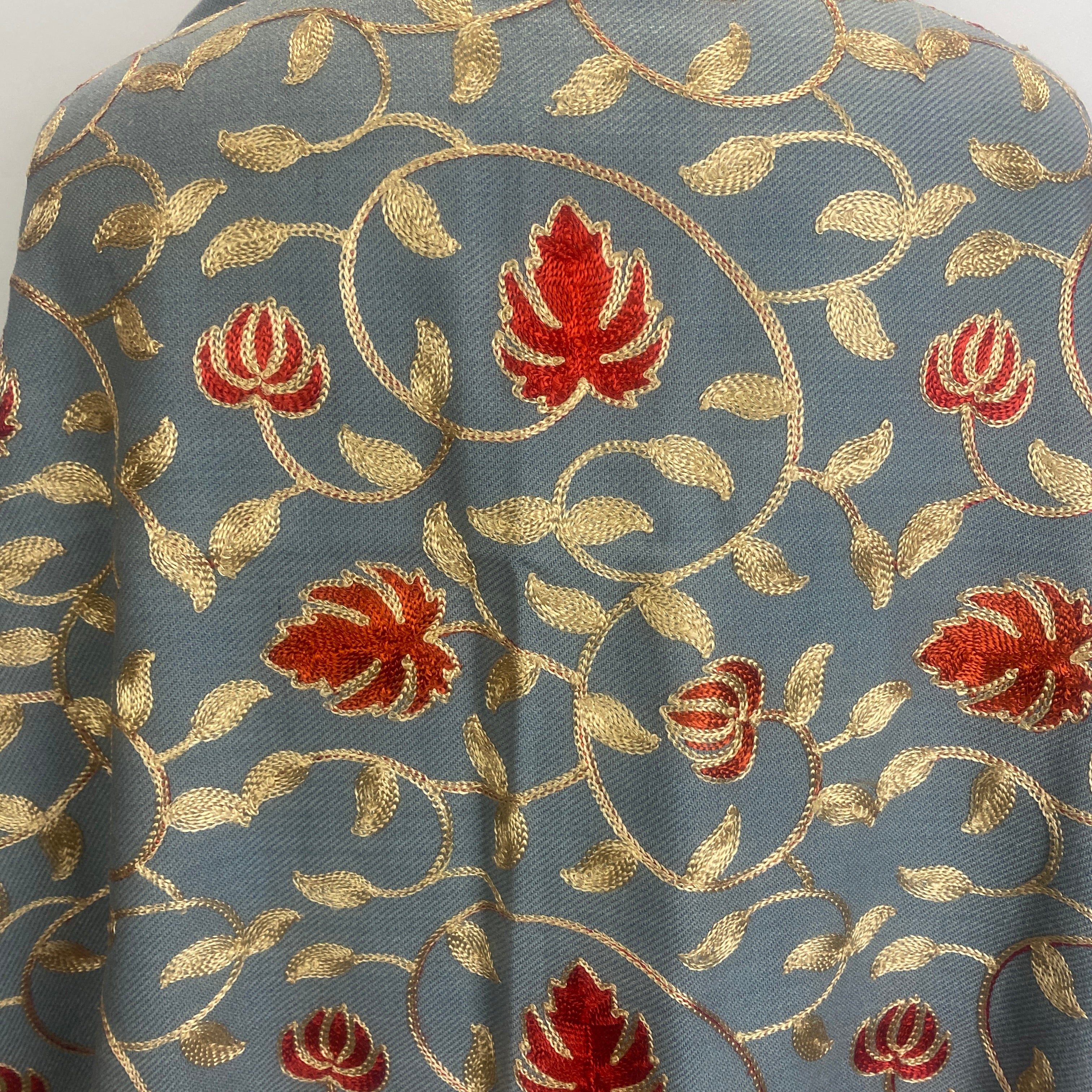 Handmade Indian Embroidered Dusty Blue Cashmere Shawl