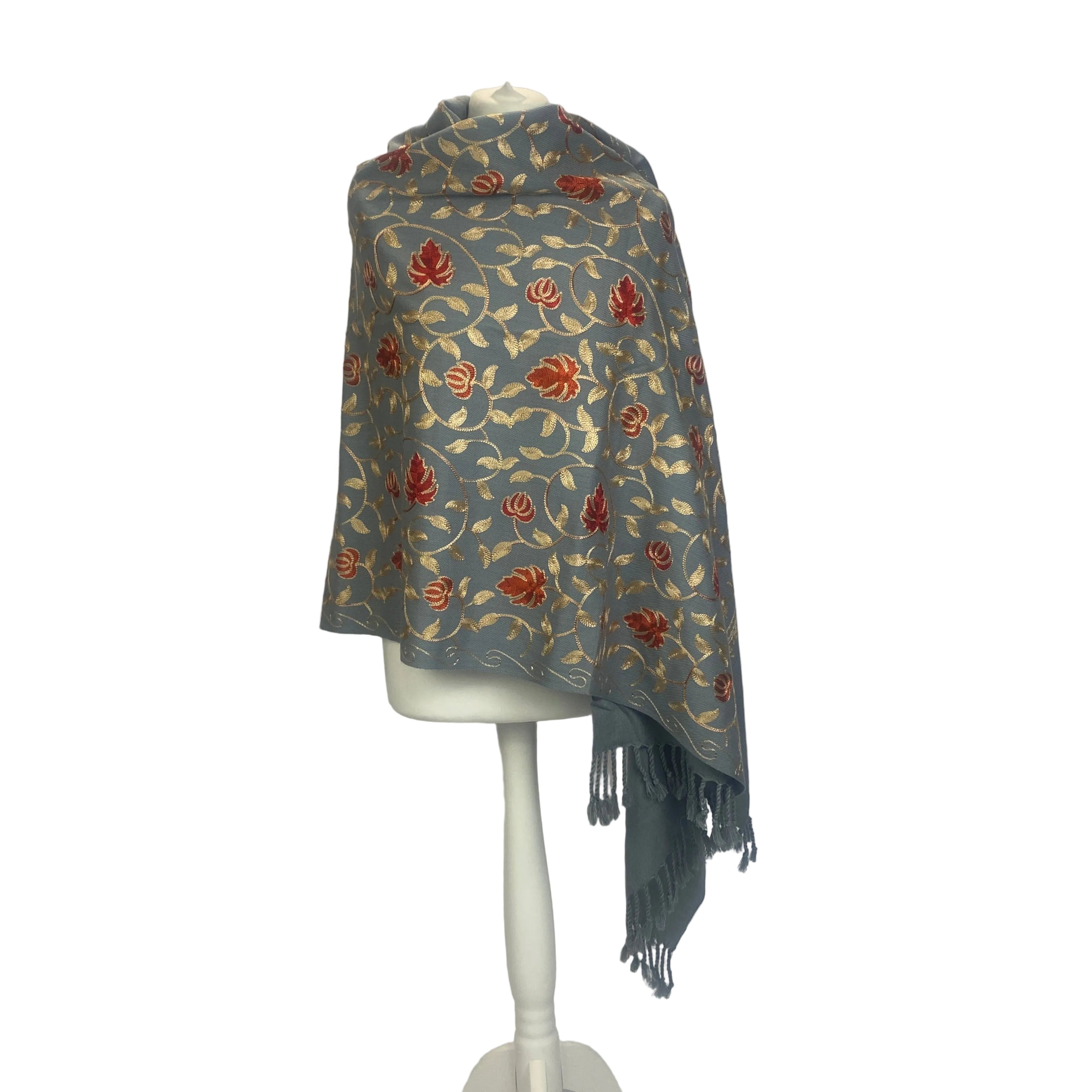 Handmade Indian Embroidered Dusty Blue Cashmere Shawl