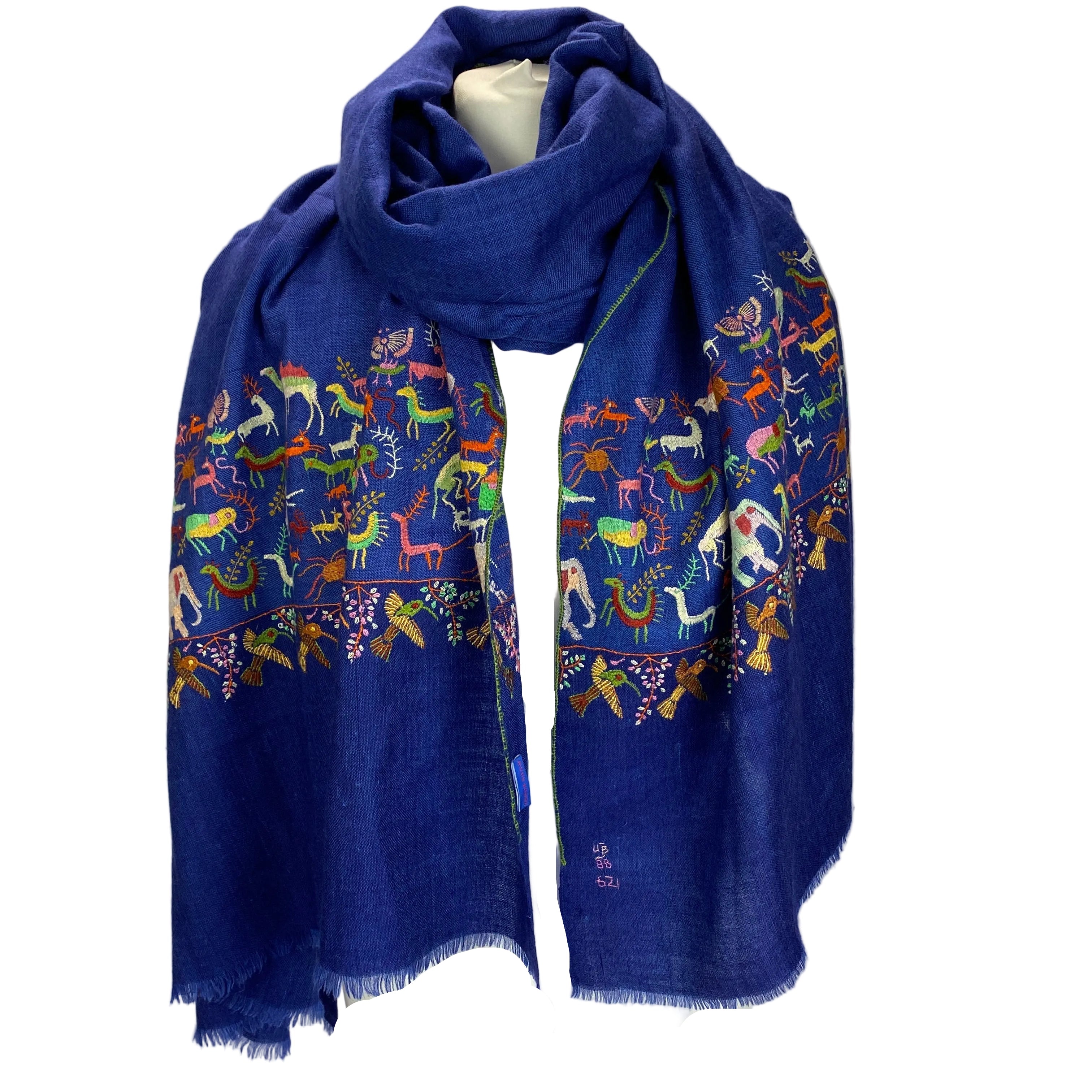 Yaser Shaw £1500 Indigo Animal Embroidered Cashmere Shawl