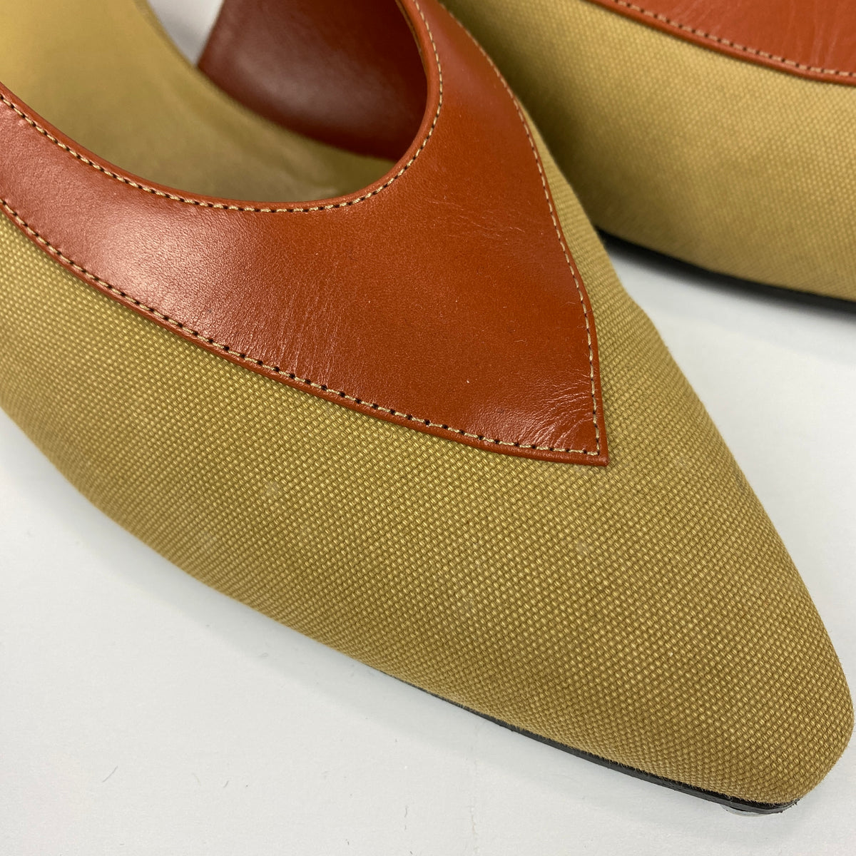 Loro Piana Pale Olive Canvas & Tan Leather Slingbacks 40