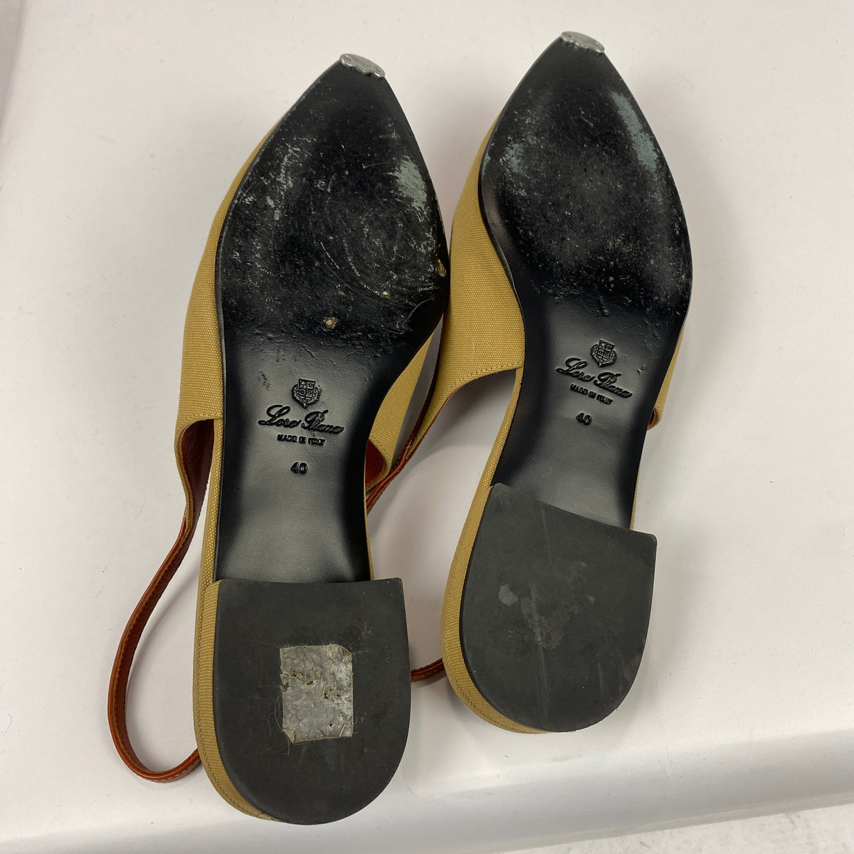 Loro Piana Pale Olive Canvas & Tan Leather Slingbacks 40