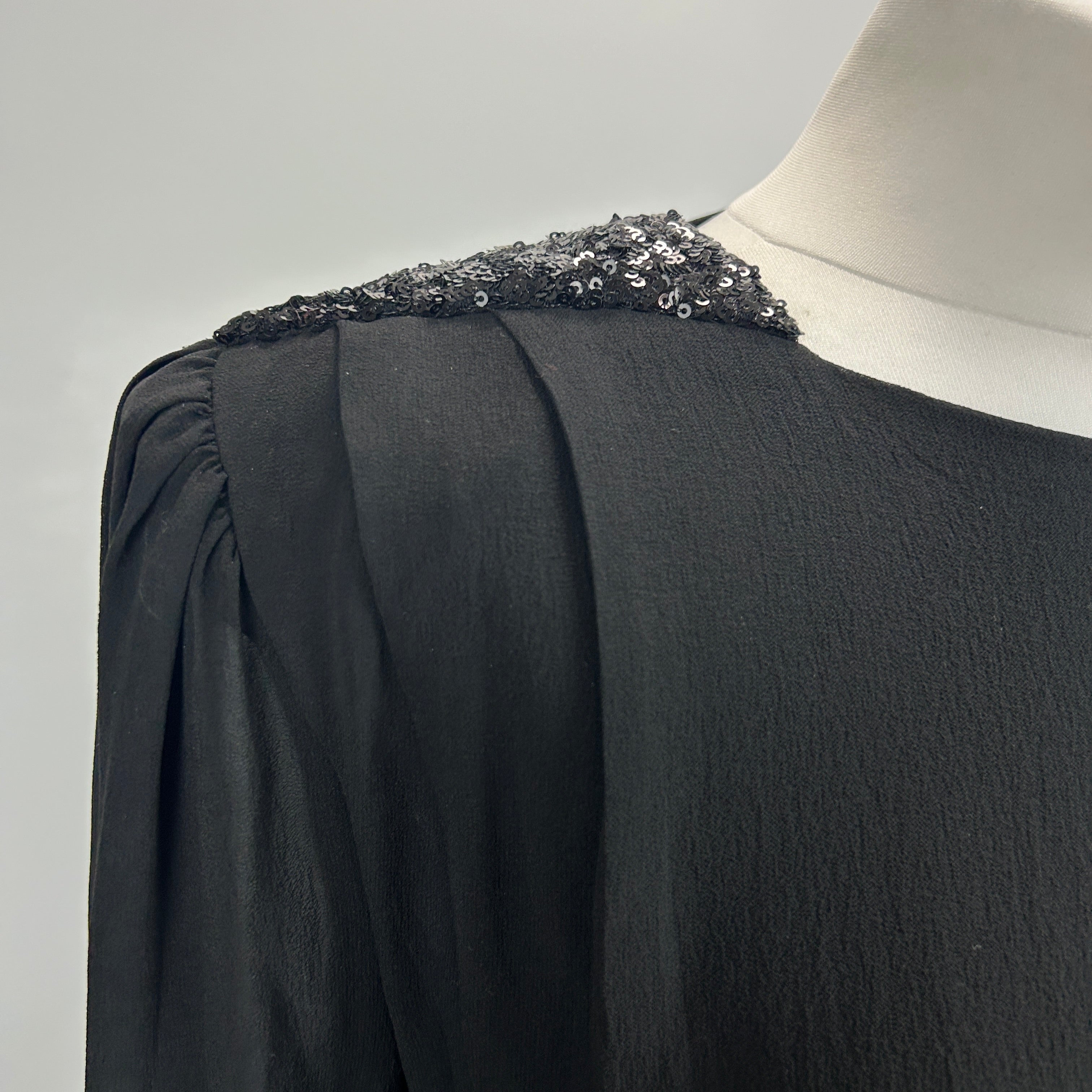 Saint Laurent New Black Sequinned Silk Chiffon Ruffle Dress XS